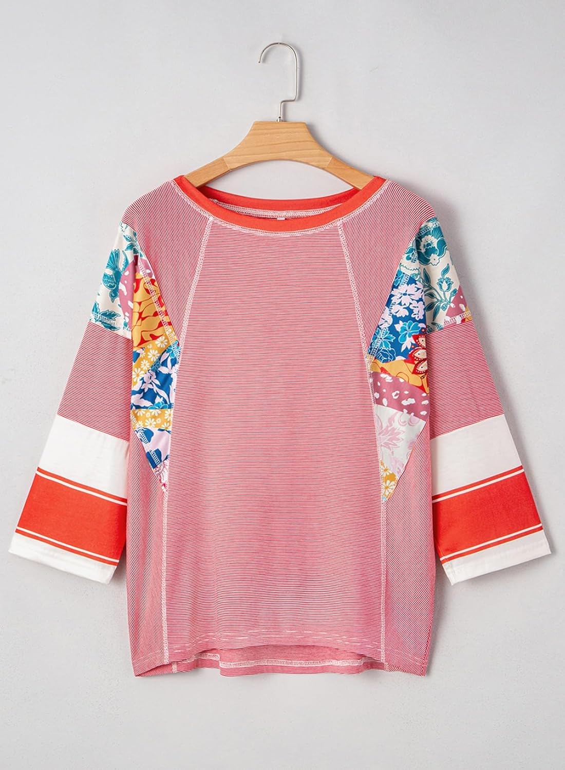 EVALESS Boho Tops for Women Dressy Casual Spring 3/4 Length Sleeve Crewneck Patchwork Striped Oversized Blouses Shirts - Image 4