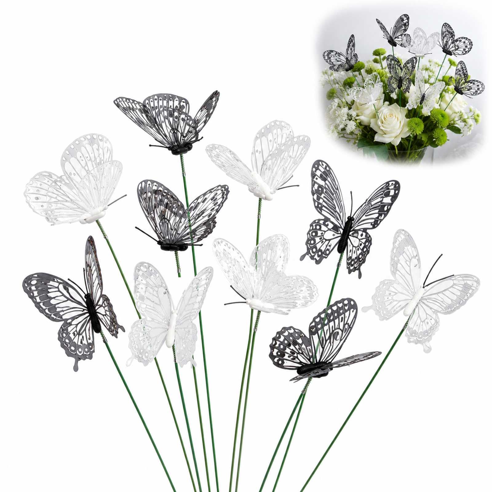 WHJYCC 10PCS 2Colors Butterfly Stakes Outdoor Ornaments - Lifelike Butterfly Decor for Patio Lawn Fairy Garden, Sturdy Pointed Tips for Soil Pots Flower Pots Yard Plant Decorative Accent Set Pack