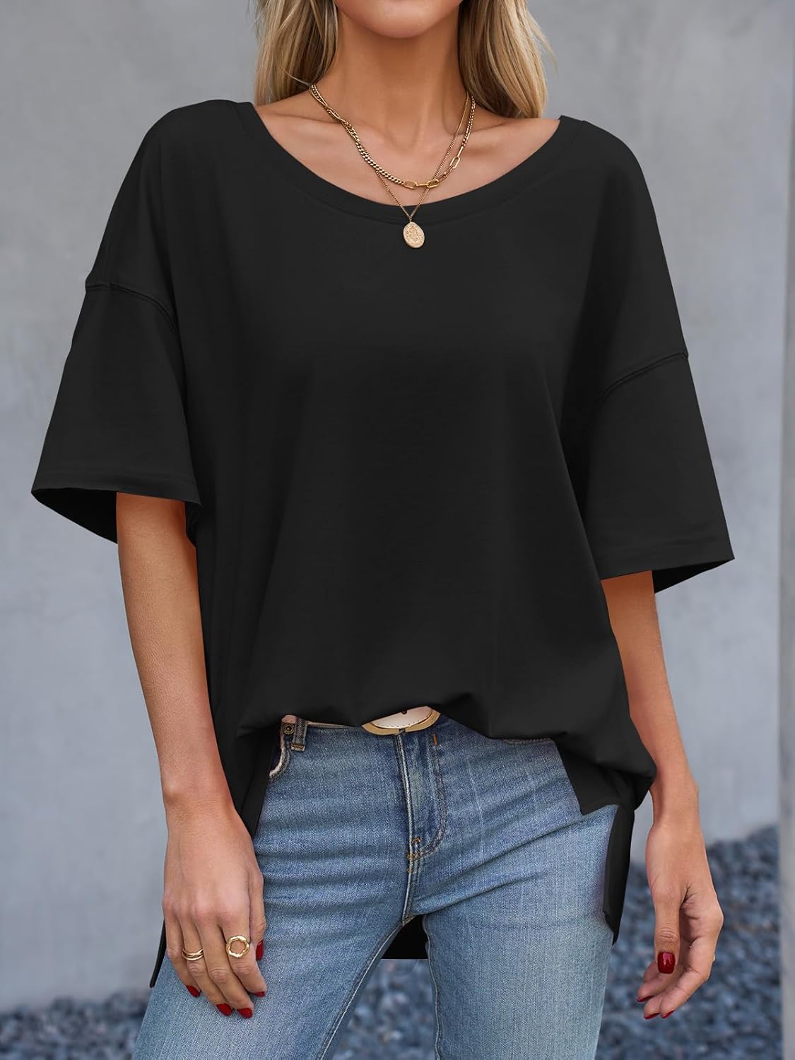 Tankaneo Womens Oversized Scoop Neck Tshirts Summer Casual Short Sleeve Tops Side Slit Loose Fit Basic Tee Shirts - Image 6