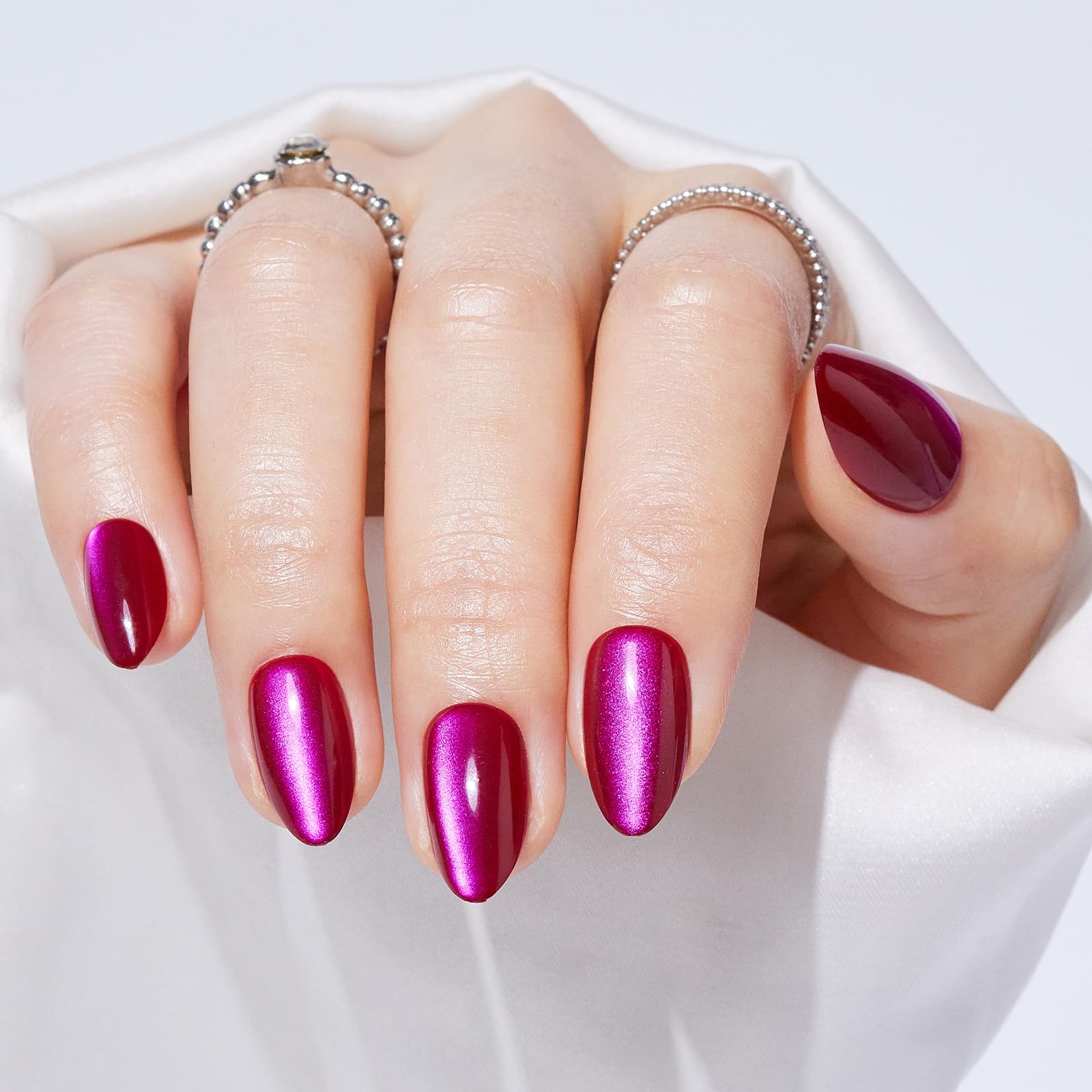 Findigit Press On Nails Almond - Berry Color Cat Eye, Short Almond False Nails, Natural Fit Reusable Stick On Fake Nails with Glue | Salon Quality | 16 Sizes - 32 Nails Kit,Berry Love