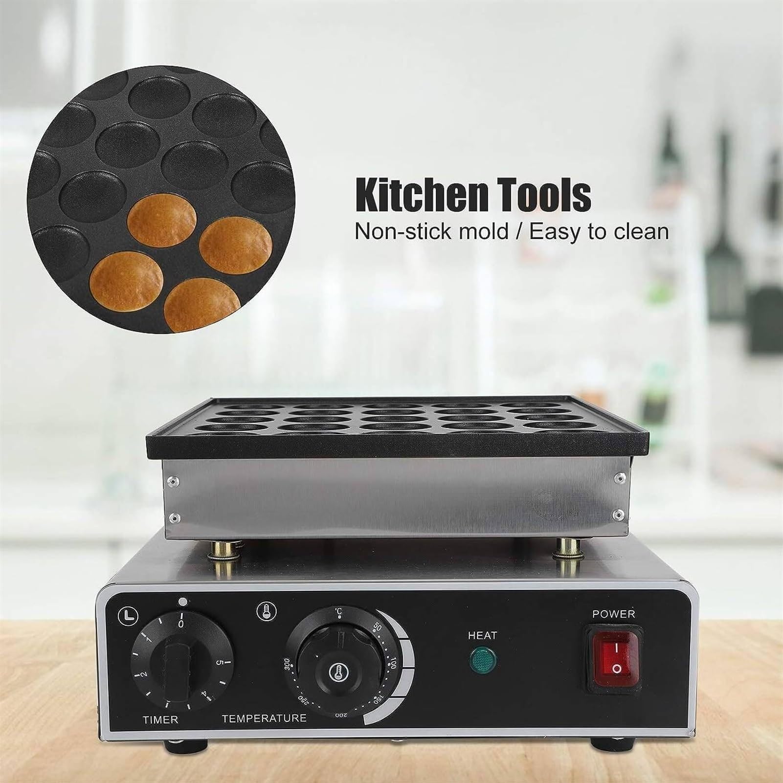 Mini macchina per pancake olandesi da 850 W con 25 fori, antiaderente, per torte e waffle, ideale per la cucina di casa, ristoranti e panetterie.,