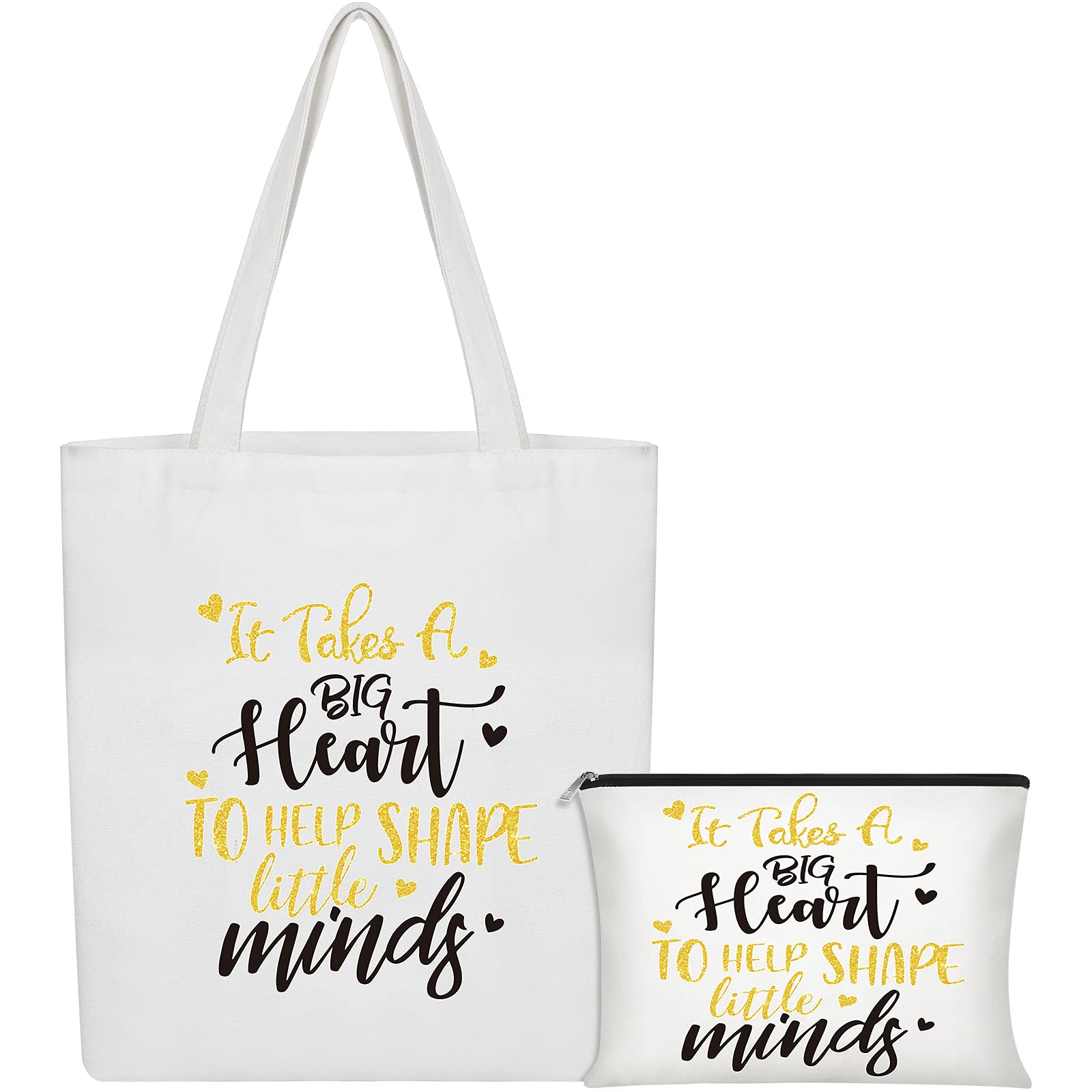 Teacher Appreciation Gifts Canvas Tote Bag Makeup Pouch Cosmetic Bag Set, Personalized Thank You Gift for Women Teacher on Birthday Christmas, Glitter Style It Takes a Big Heart to Help