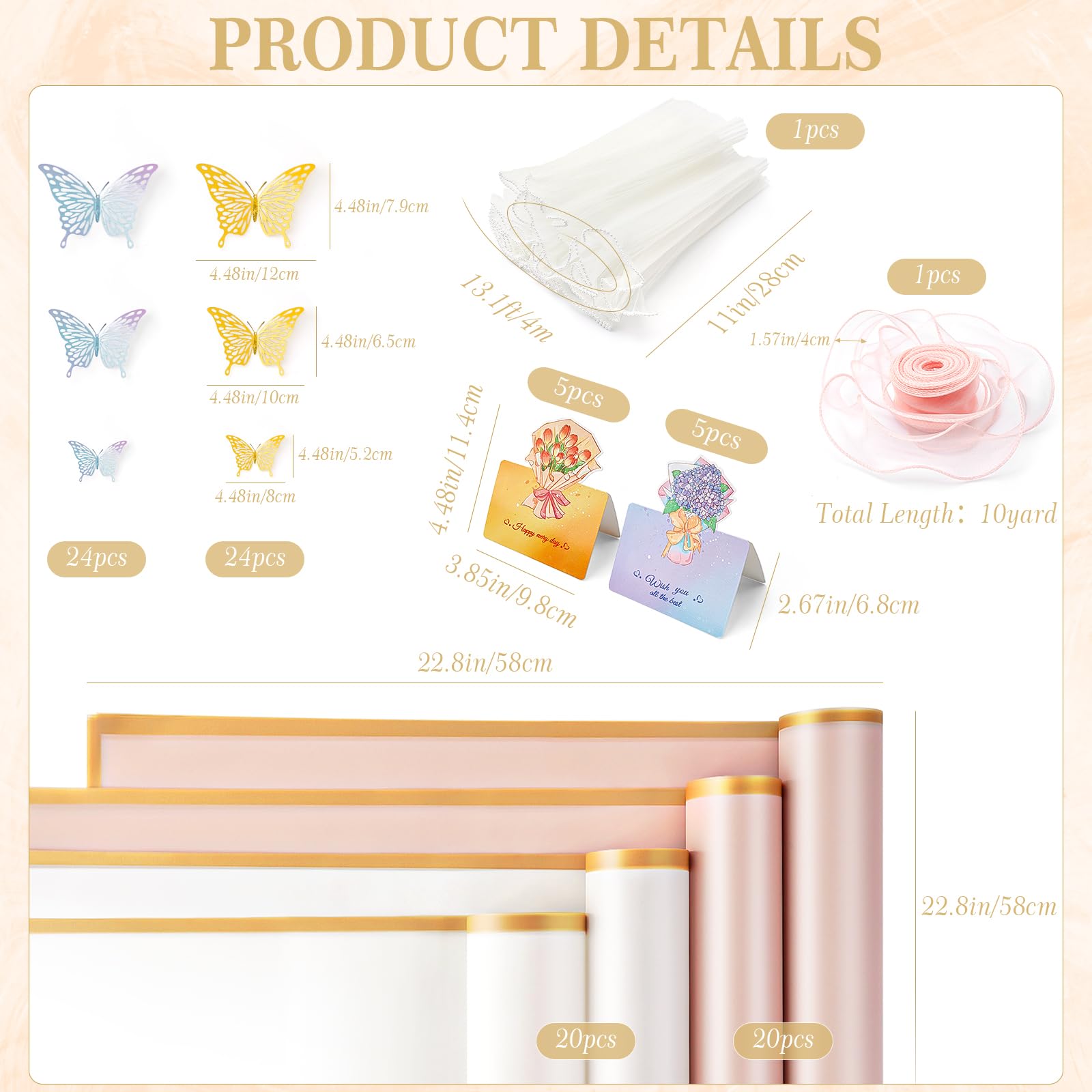 JESTOP 100Pcs Flower Wrapping Kit, Wedding Supplies, 40Pcs Wrapping Paper With Butterfly, Pearl Floral Mesh, Ribbon, Cards for Bouquet, Valentine's Day, Birthday