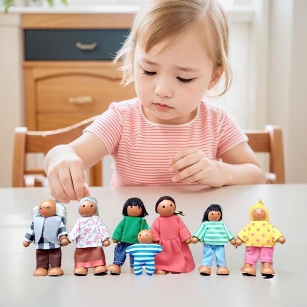 Wooden People Figures|7PCS Dollhouse People Simulation Wooden Dollhouse Adjustable Posture Doll House Figures Delicate & Cute for Girls Toddler Kids Play - 4