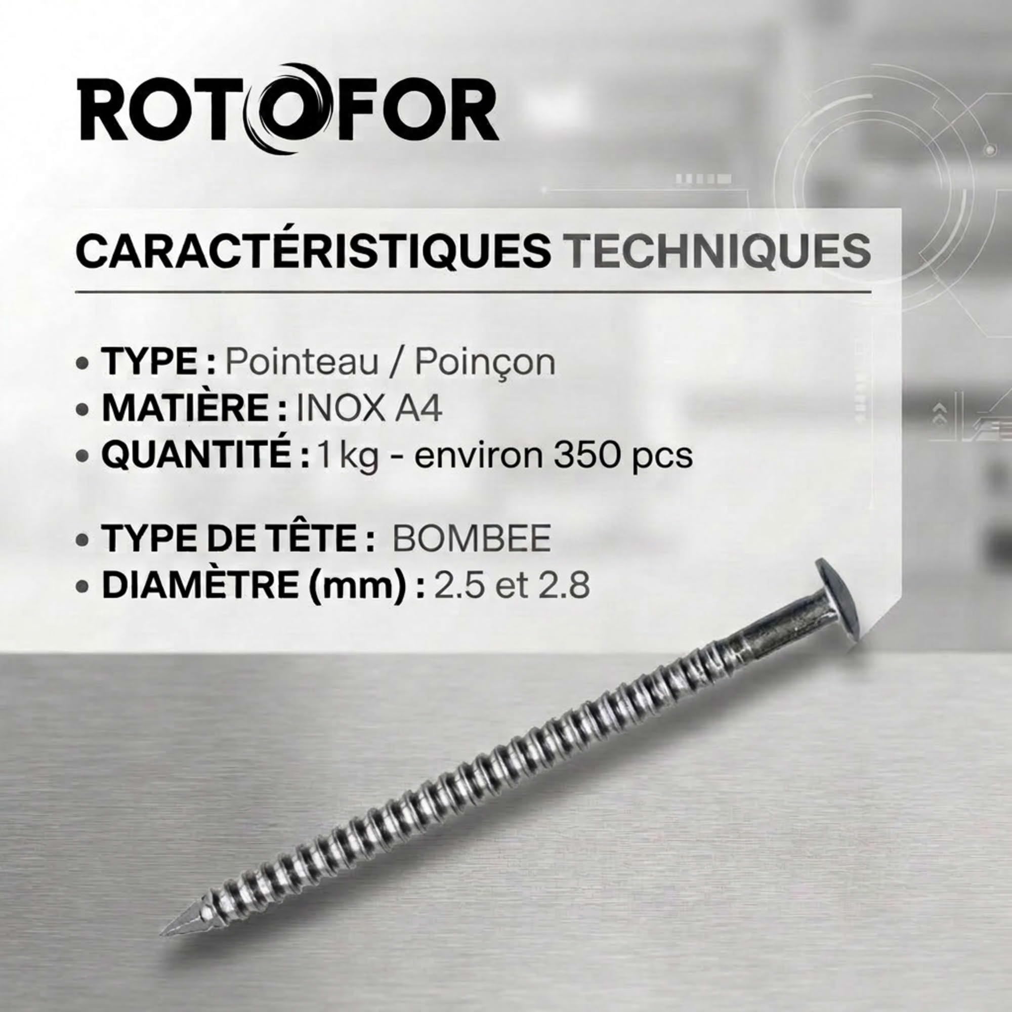 Pointes/clous annelés anti-retrait - Lot de 1kg (environ 350) - inox A4 anti-rouille - Longueur 50 mm - Diamètre 2,5 mm