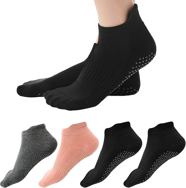 4 Paires Chaussettes Antidérapantes Femme Pilate Yoga EU 36-40, Respirantes Chaussettes Sport Antidérapantes Femme Homme en Coton