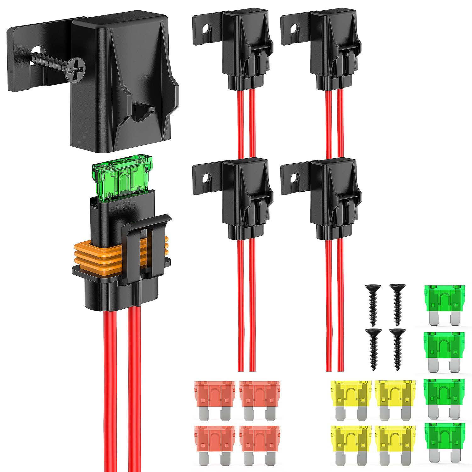 Excefore Inline Fuse Holder, 4pcs12AWG Waterproof ATC/ATO Blade Fuse Holder 20A 30A 40A Regular Fuse Heavy Duty in Line Fuse w/Cover Fits 1A to 30A Fuses for 12V Automotive Vehicles