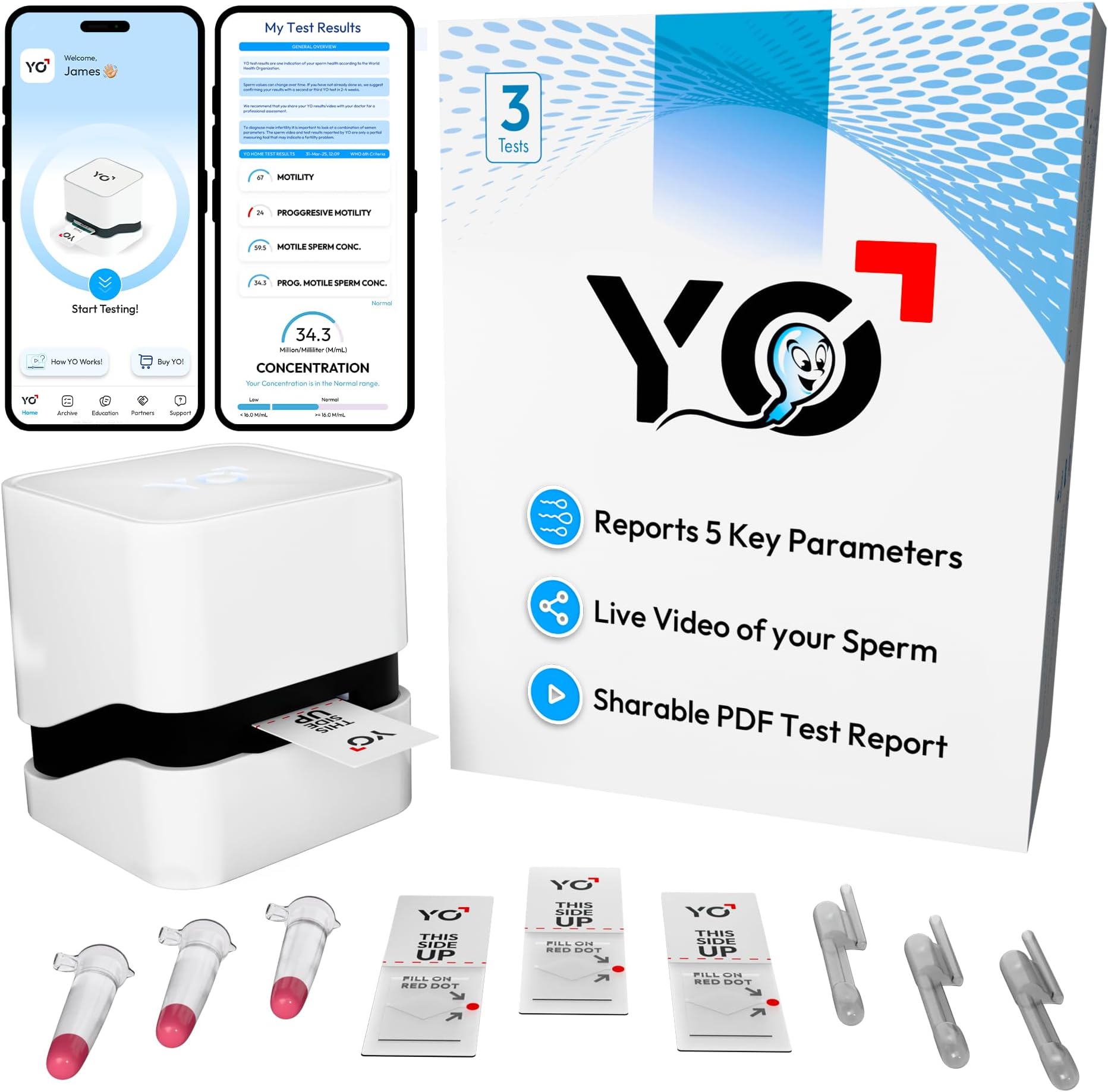YO Home Sperm Test | #1 FDA Cleared Home Semen Analysis | Tests Sperm Concentration, Motility, Progressive Motility, and More with 97% Accuracy | No Mail-in or Lab Visit | Includes 3 Tests