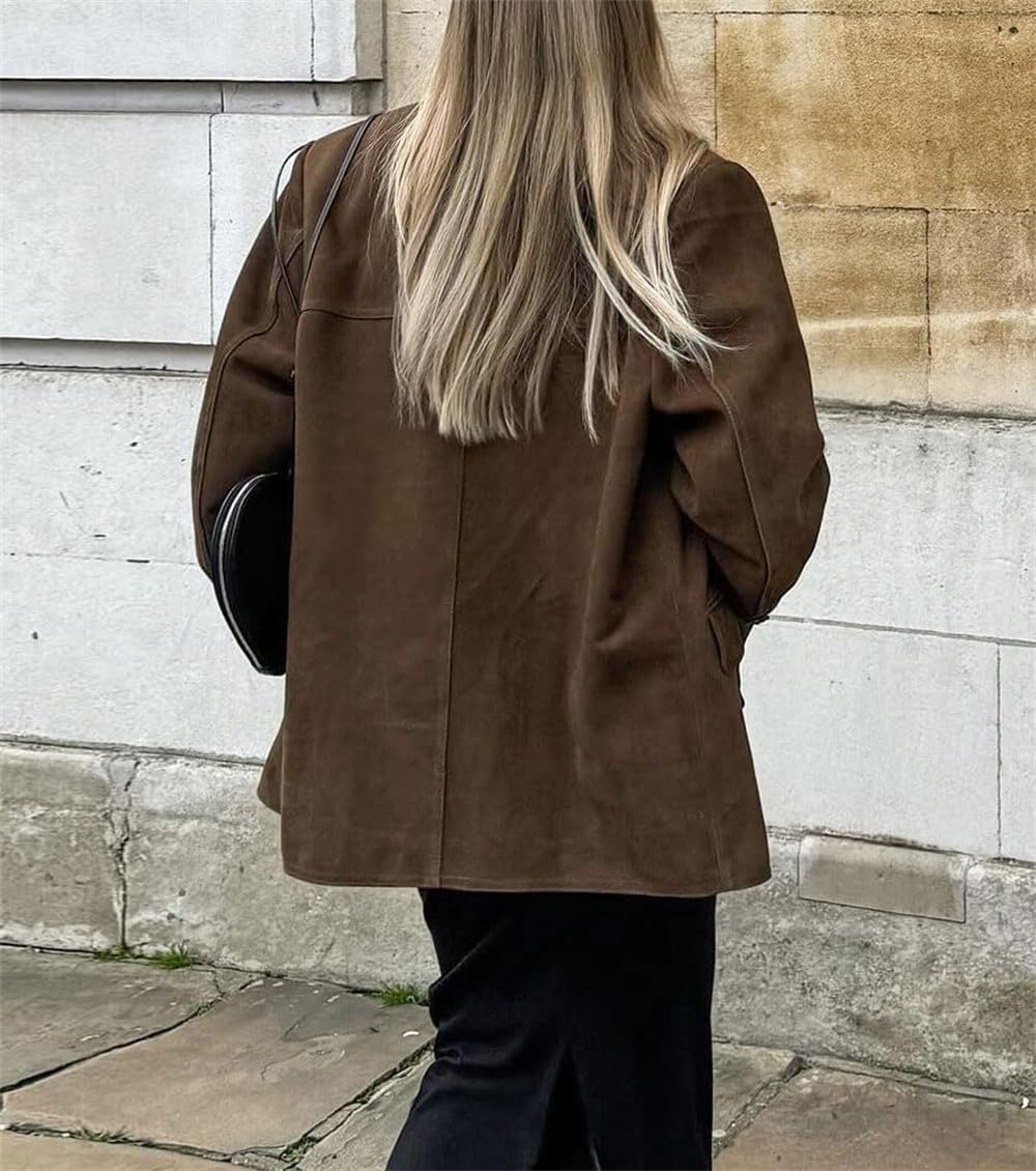 Women's Vintage Faux Suede Blazer Jacket Notched Lapel Single Breasted Faux Suede Leather Suit Winter Jacket