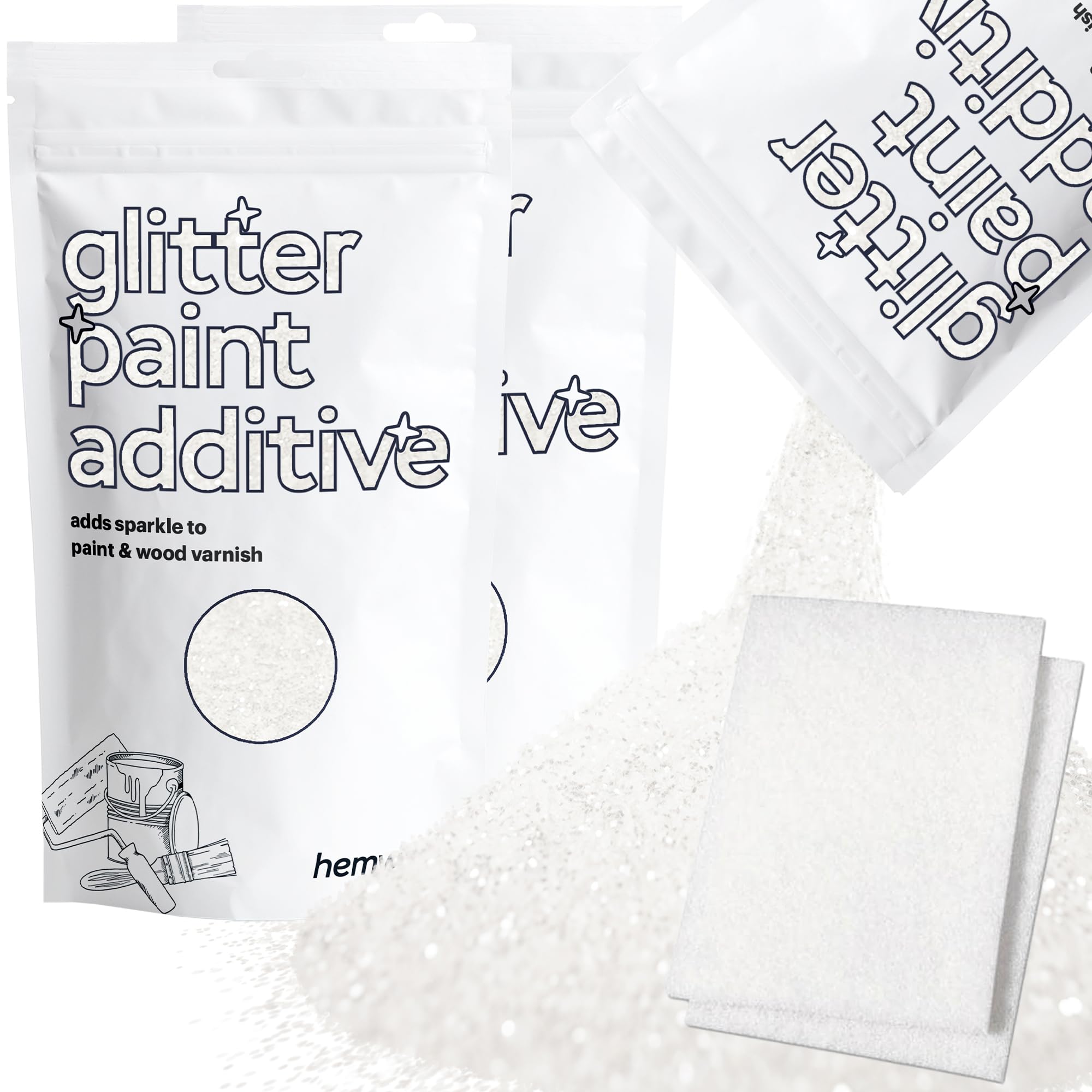 Hemway White Iridescent Glitter Paint Additive 200g with 2X Buffing Pads for Adding Sparkle to Paints & Varnish | Paint Walls Sparkly Add to Emulsion, Acrylic or Lacquer Indoor