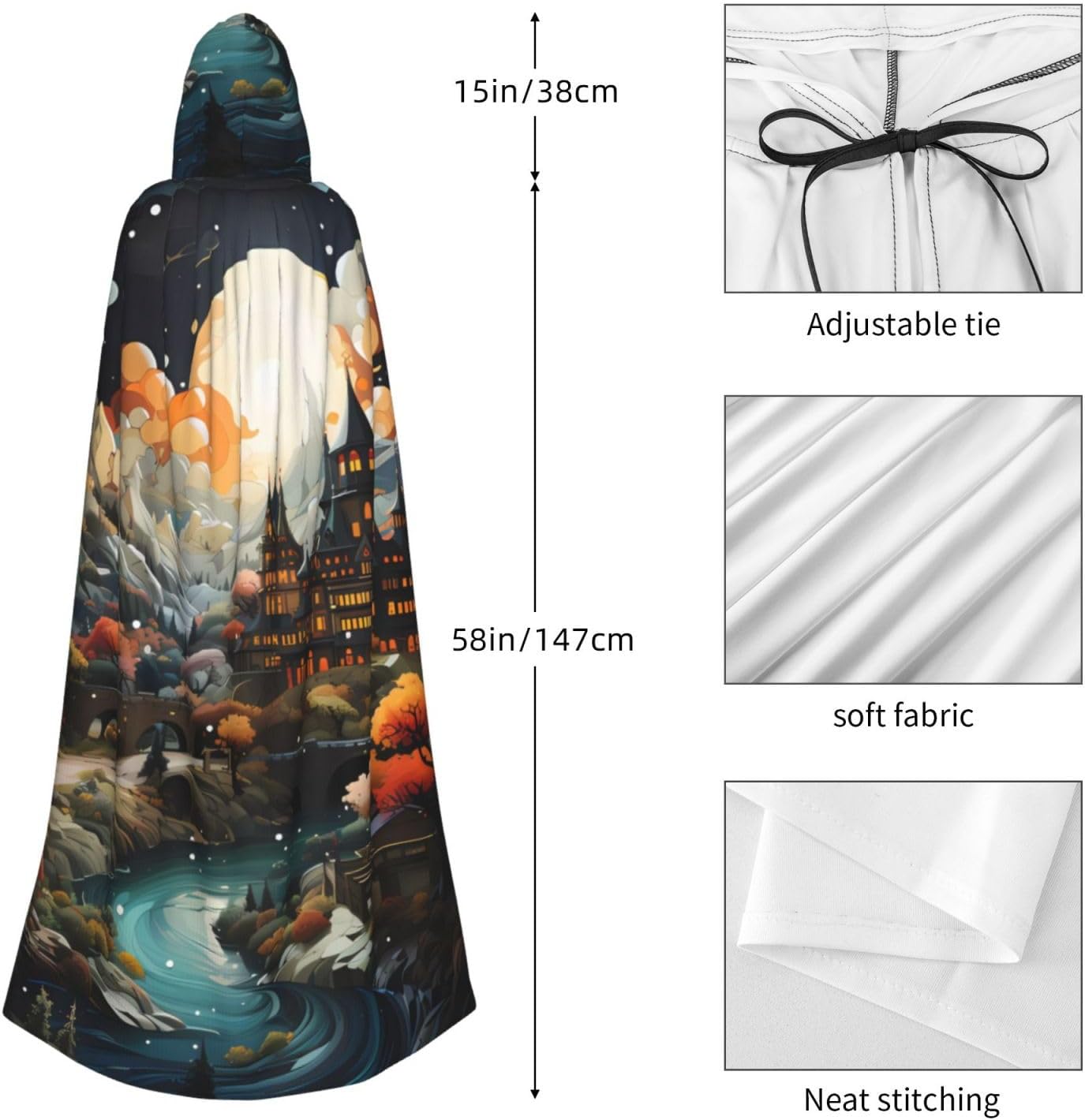 Unisex Full Length Hooded Halloween Christmas Party Robe Cloak Cape Cosplay Costume Men Women Castle in The Moonlight Prints Black
