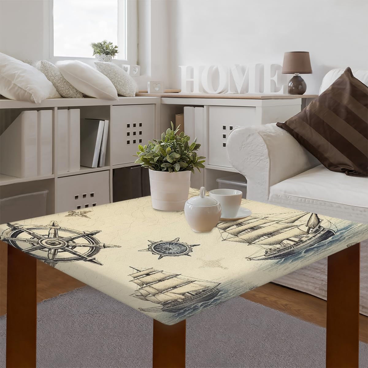 Retro Anchor Compass Pattern Fitted Square Table Cover with Elastic Edged Tablecloth Card Table Cover, Wipeable Table Cover for Indoor Outdoor Dining Kitchen, Fit for 34"x34" Square Table