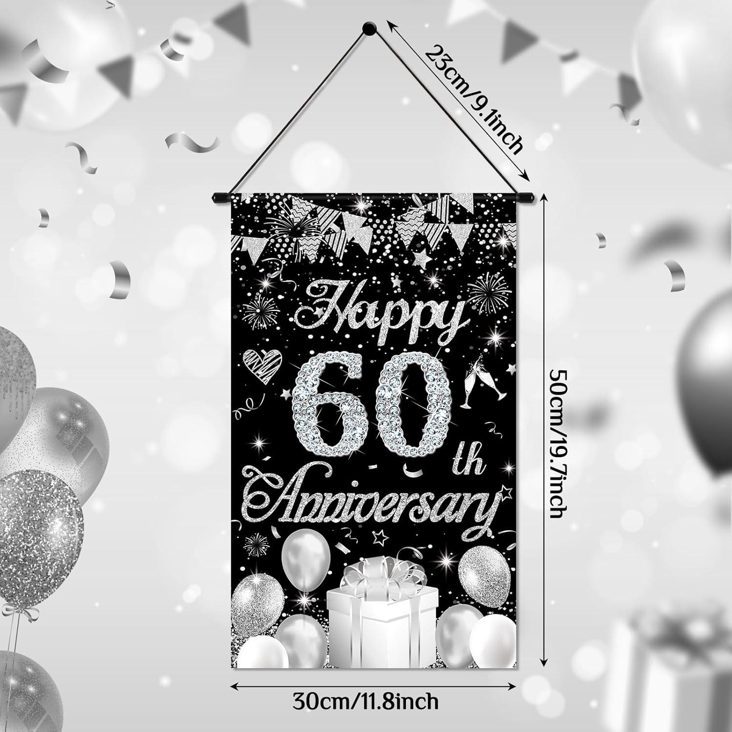 60th Anniversary Decorations Small Banner Black Silver Happy 60th Anniversary Door Hanging Banner Porch Front Door Decor for Women Men 60 Years Diamond Wedding Anniversaries Cruise Door Sign Supplies - Image 3