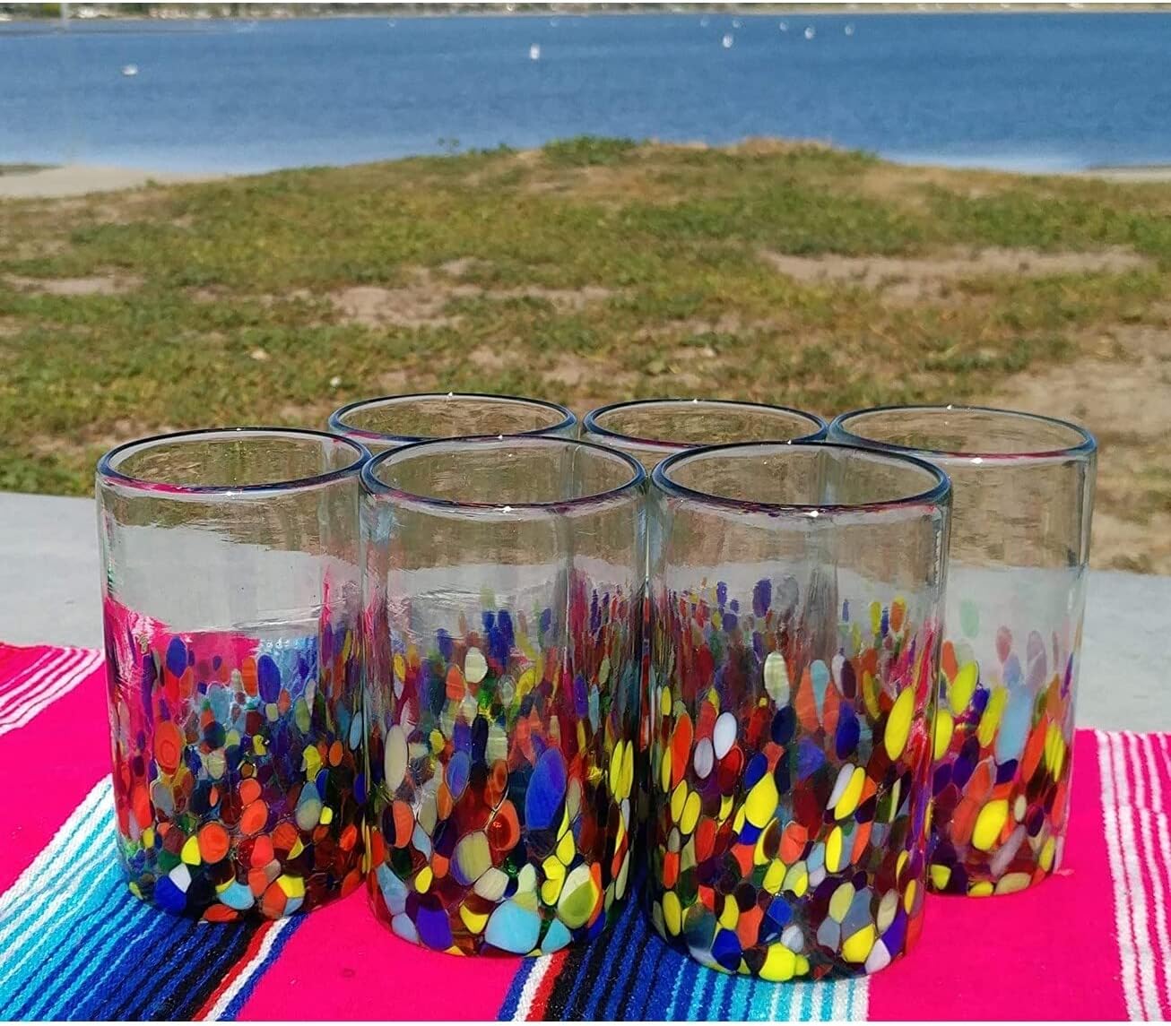 Unknown1 Hand Blown Mexican Drinking Glasses Set of 6 Confetti Design (14 Oz Each) Multi Color Glass