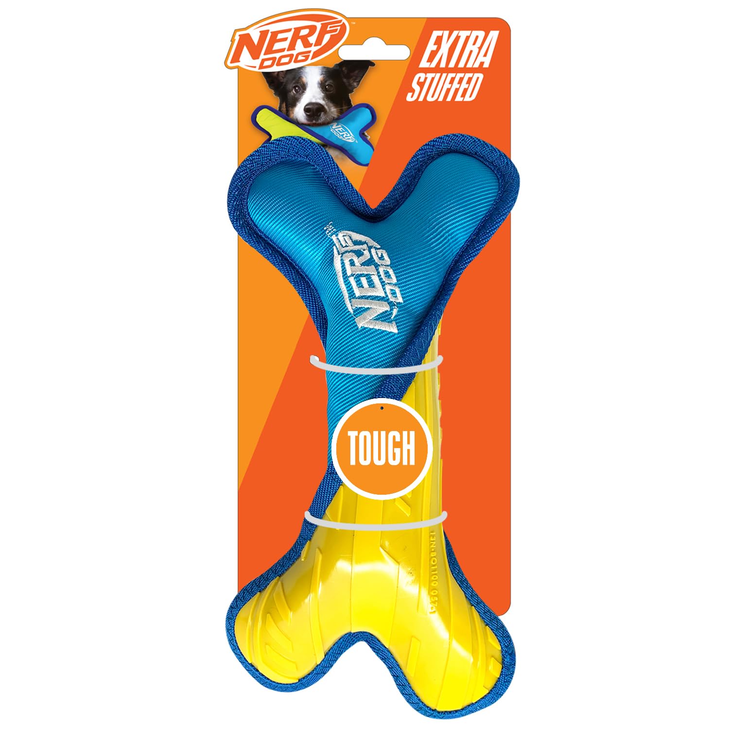Nerf Dog Tuff TPR Plush Bone with Nylon, 11-Inch Durable Chew Toy for Dogs, Light Blue/Yellow