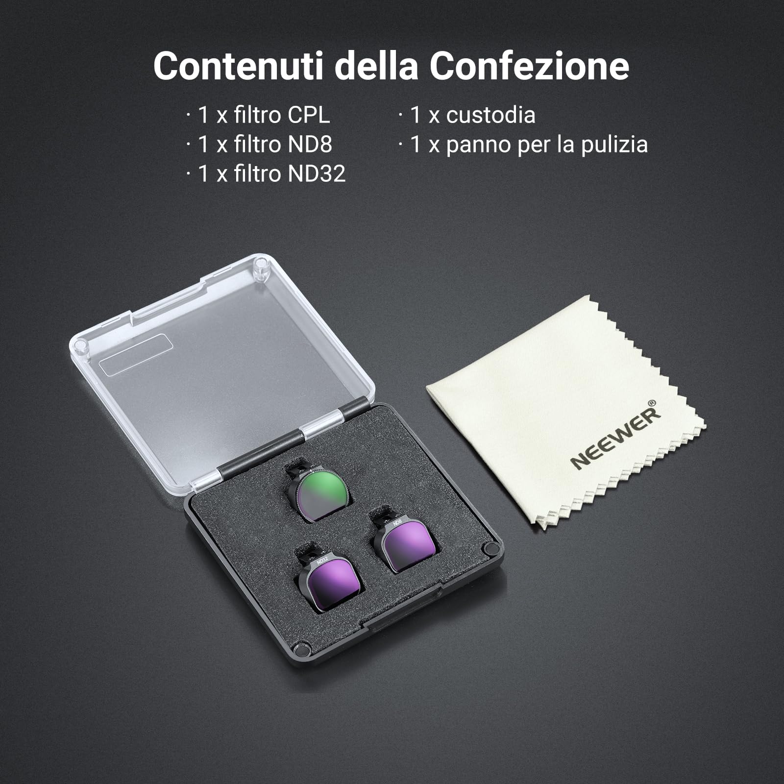 NEEWER Set di Filtro ND + CPL Solo Compatibile con DJI NEO 2, Kit Accessori per Obiettivo Drone, 3pz Filtri Polarizzatore Circolare e Densità Neutra (ND8/32) in Vetro HD Multistrato a Scatto, FL-N72