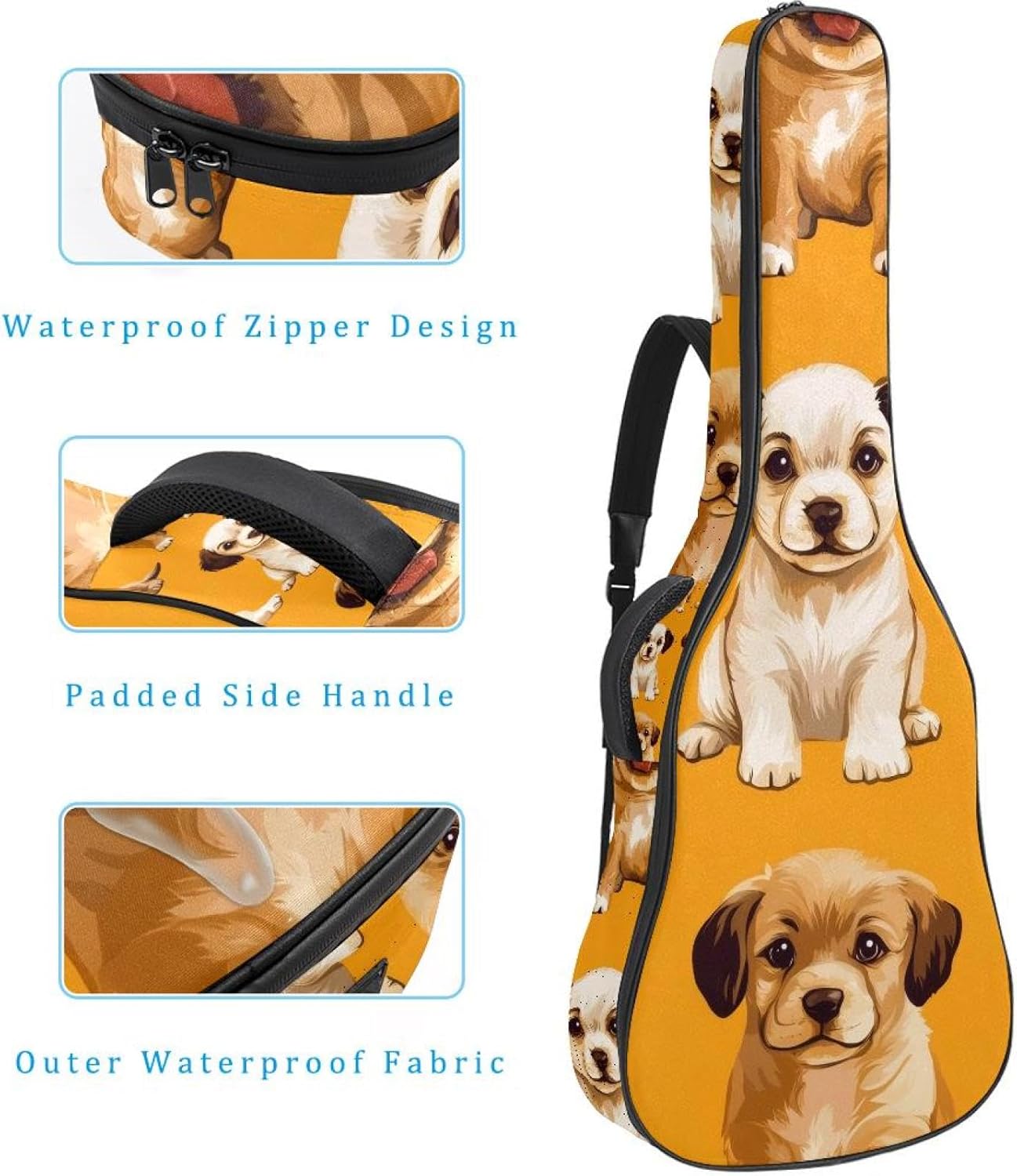 Cute Dogs Puppy Seamless Pattern Acoustic Guitar Gig Bag, 1 cm Thick Padding Waterproof Guitar Bag Backpack for 40 41 42 Inch Electric Bass Classical Guitars