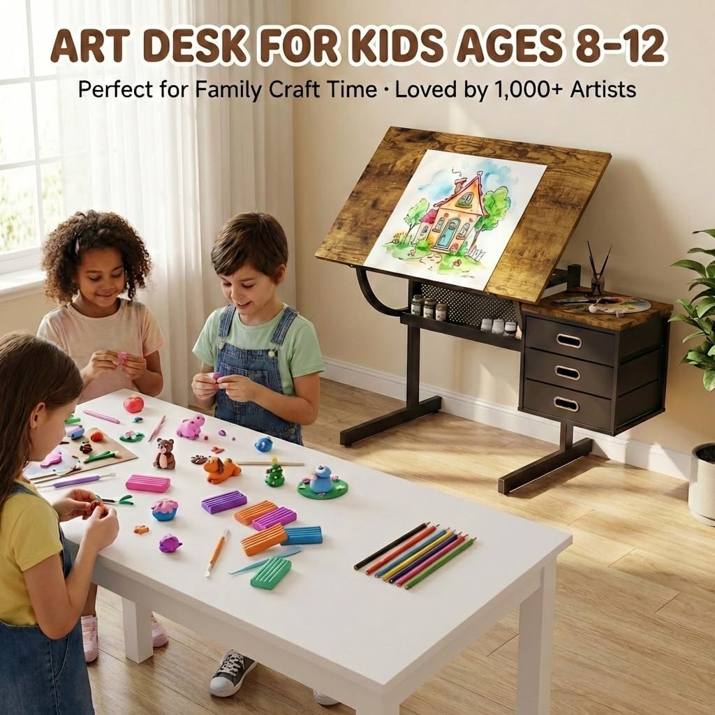 Adjustable Art Desk with Storage, 0-75° Tilting Drafting Table, 3 Drawers, Free Stool - Ideal for Diamond Painting, Architecture, Animation Projects (Rustic Brown)