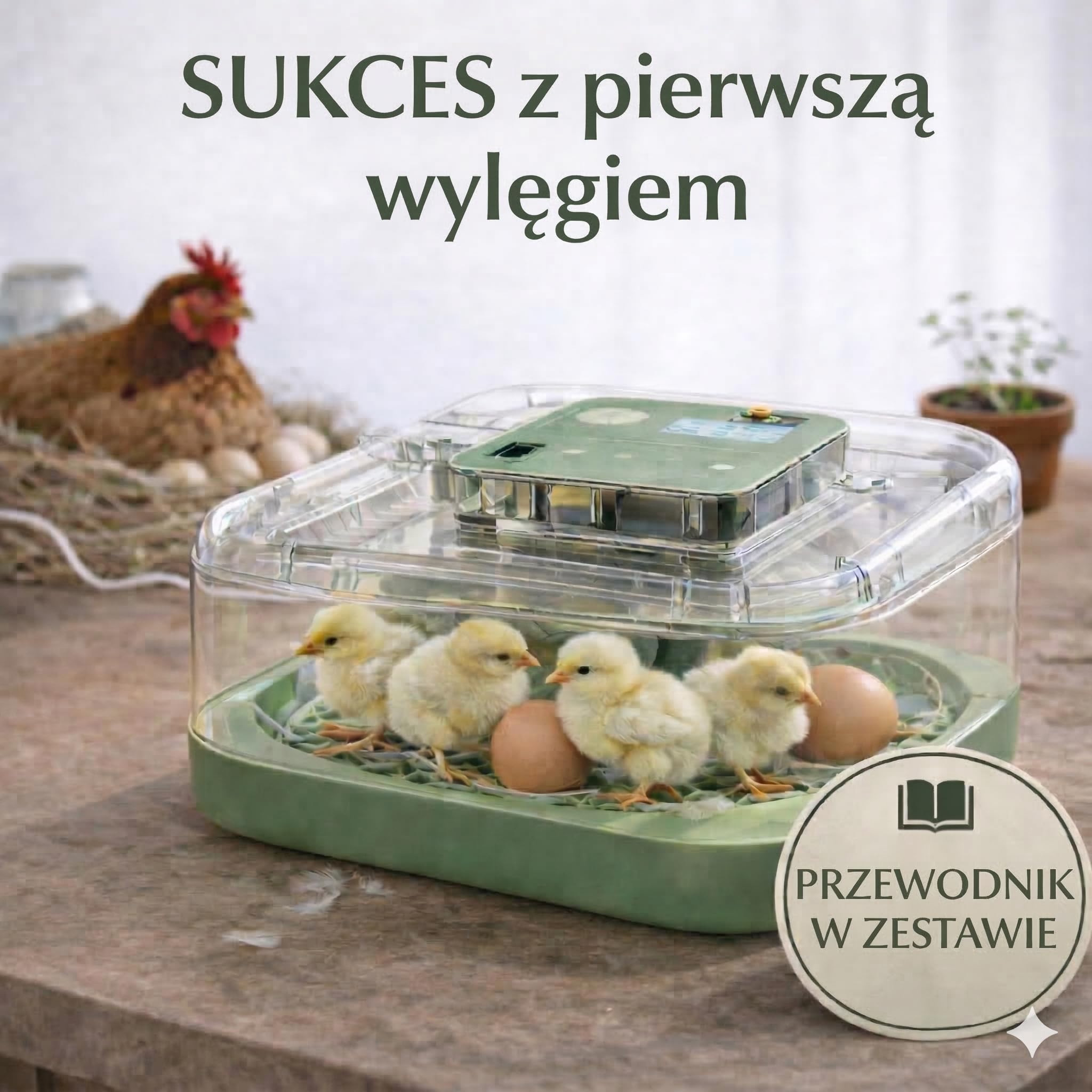 Egg&Co Start 12 – Automatyczny inkubator na 12 jaj kurzych (36 przepiórczych). Precyzyjna wilgotność, automatyczne obracanie, butelka i ovoskop w zestawie. Dla początkujących i zaawansowanych. | Osiągnij sukces od 1. inkubacji • W zestawie przewodnik Egg&