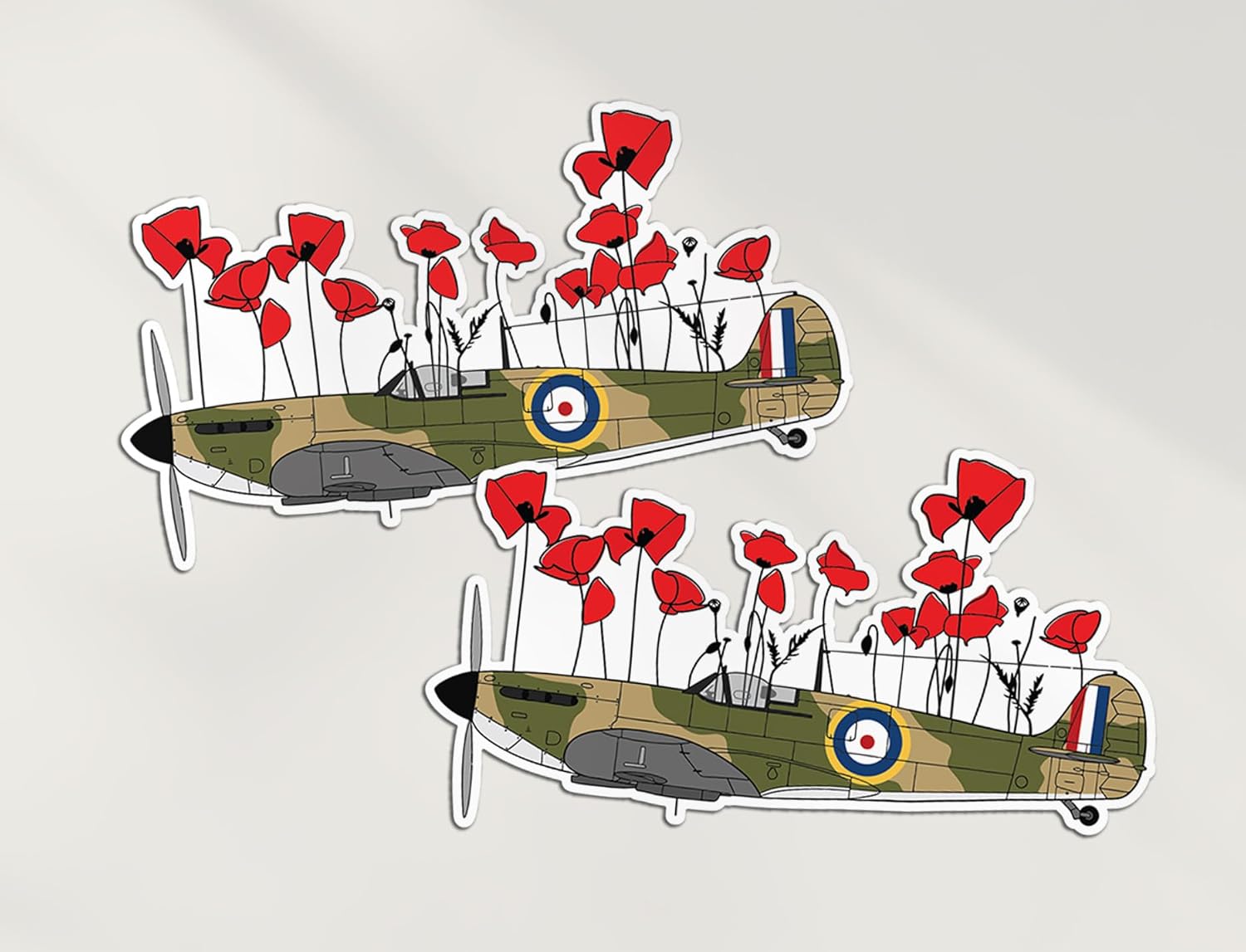 2 x 15cm Poppies Spitfire Vinyl Stickers - RAF Lest We Forget Remembrance Day Memorial Poppy Union Jack Flag British War Sticker #82194