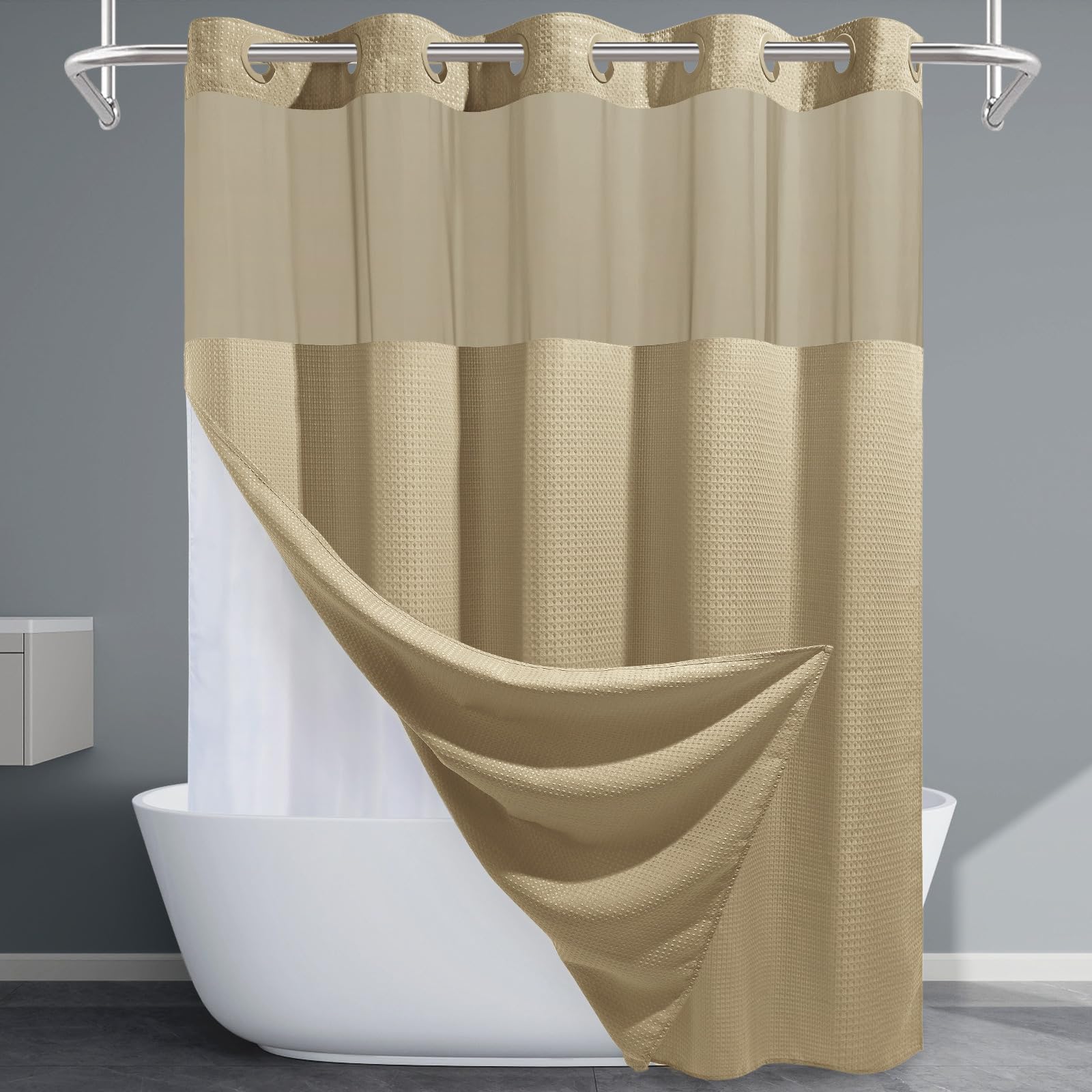 EUTXL Beige Long No Hook Shower Curtain with Snap in Liner,230GSM Waffle Weave Shower Curtains for Bathroom,71W x 86H