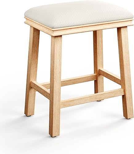 Miniatura 13 de MAISON ARTS Juego de 2 taburetes de bar beige para encimera de cocina, patas de madera maciza con asiento de cuero sintético, taburetes de bar de