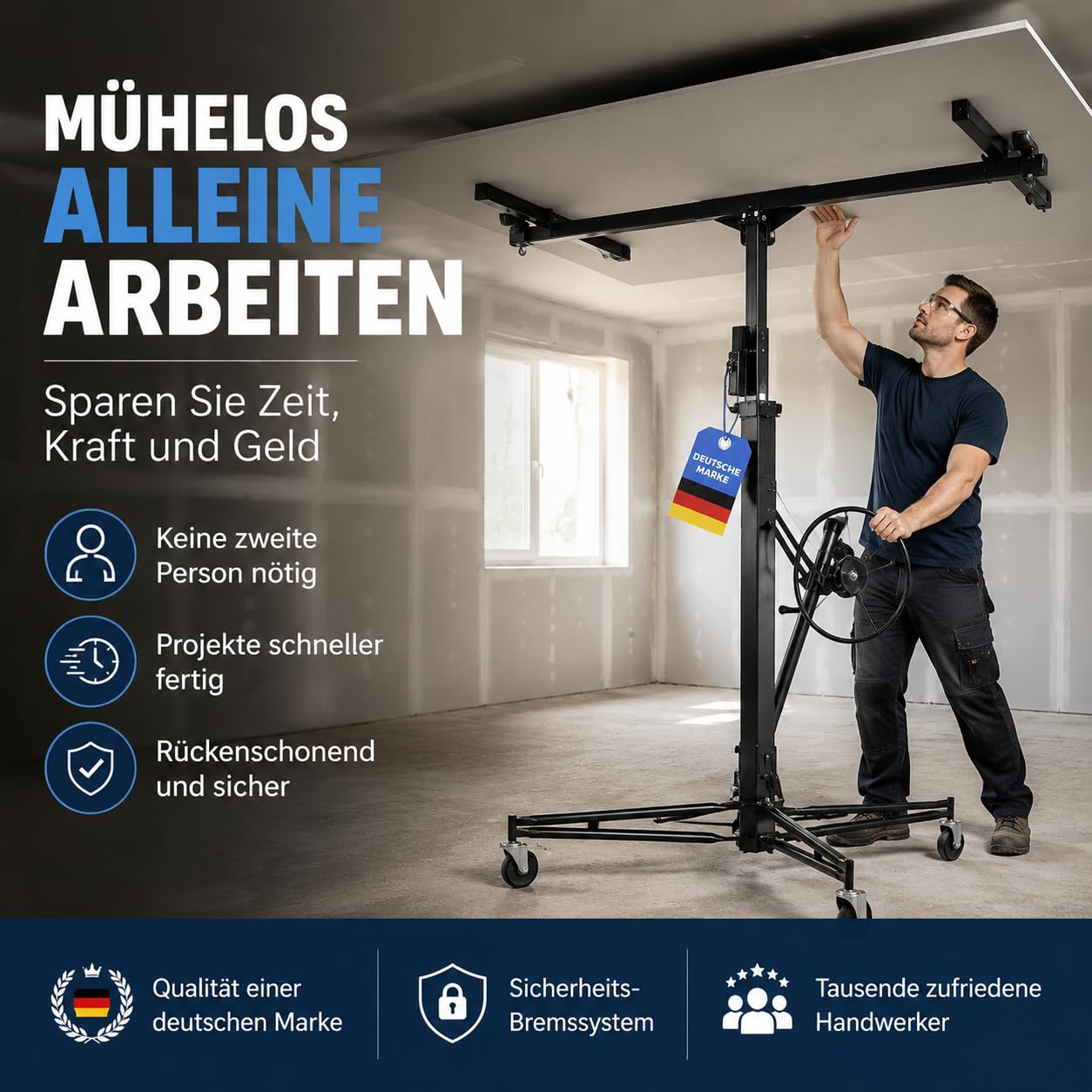 Werkthor Leve Plaque Placo XXL jusqu'à 68 kg – Lève-Plaques Professionnel 140-350 cm – Lève Plaque de Placo pour Plaques de Plâtre et Cloisons Sèches – 3 Roues avec Frein – Support jusqu'à 68 kg
