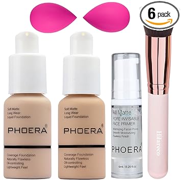PHOERA Foundation, Full Coverage Foundation, PHOERA Primer, PHOERA Makeup Set, Flat Top Kabuki Makeup Brushes Foundation Brush Powder Brush,2 Pcs Makeup Sponge (102 Nude + 104 Buff Beige)
