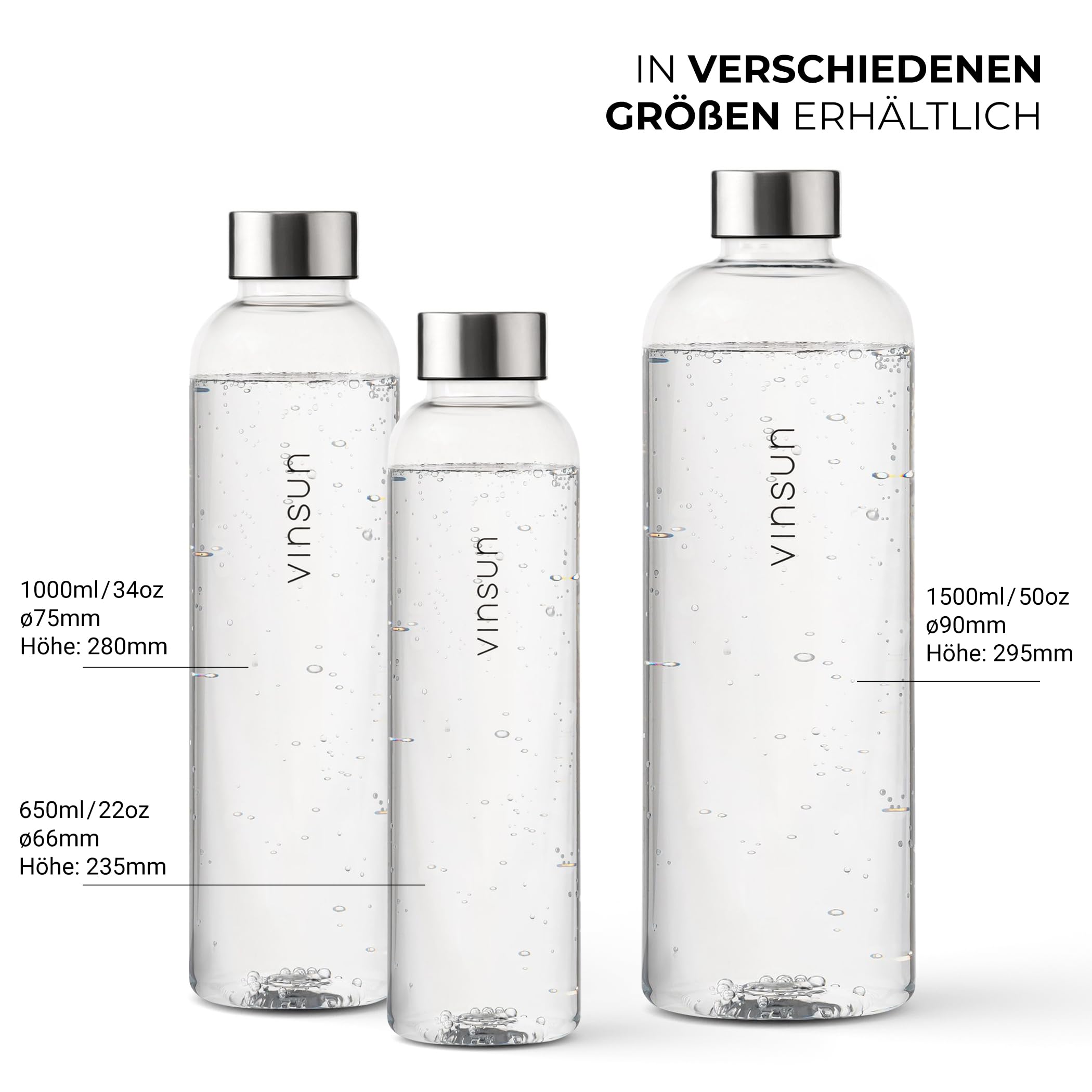 VINSUN Trinkflasche 650ml, 1000ml, 1500ml - auslaufsicher, Kohlensäure geeignet, BPA frei, Tritan - Leichte Wasser Flasche für Sport, Outdoor, Schule, Fahrrad, Büro