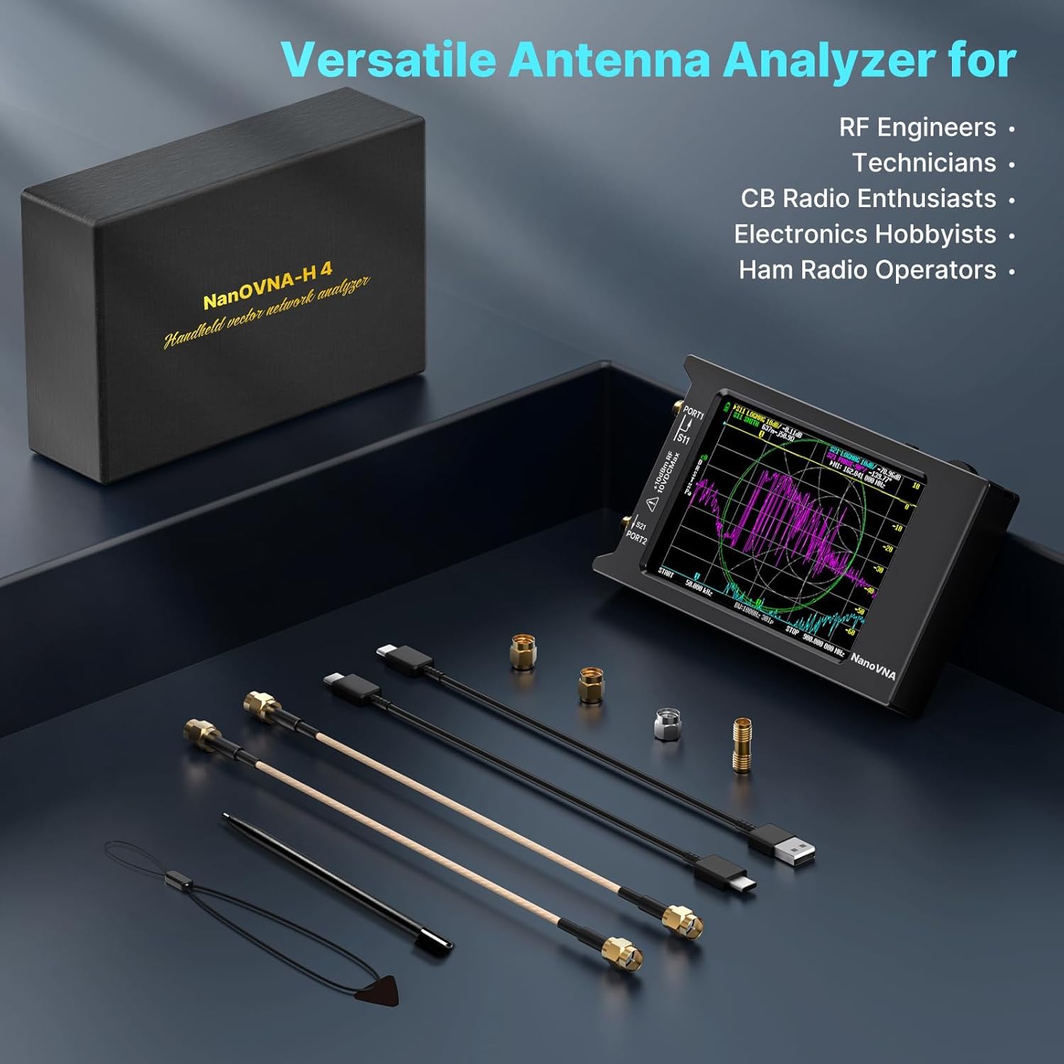 Aursinc Nanovna-H4 Vector Network Analyzer, ultimo V4.4 9KHz-1.5 GHz HF VHF UHF 4" Touch Screen Nanovna Analyzer Antenna Radio Ham, misurando i parametri di S, SWR, Fase, Delay, Smith Chart
