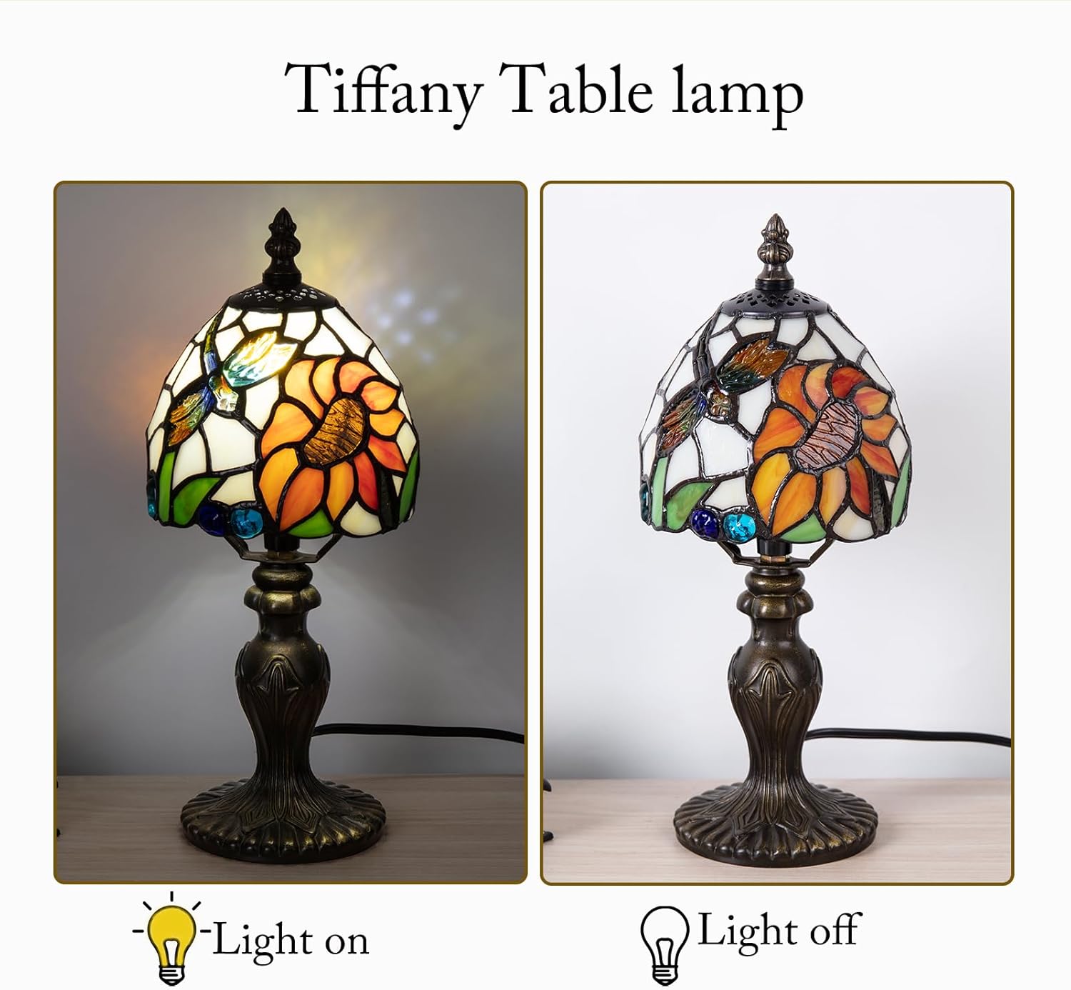 Small Stained Glass Lamp,6 inch Sunflower Tiffany Style 3-Color-Temperature Lamp, for Bedside Bedroom Living Room Office Decor Home, Include LED Bulb