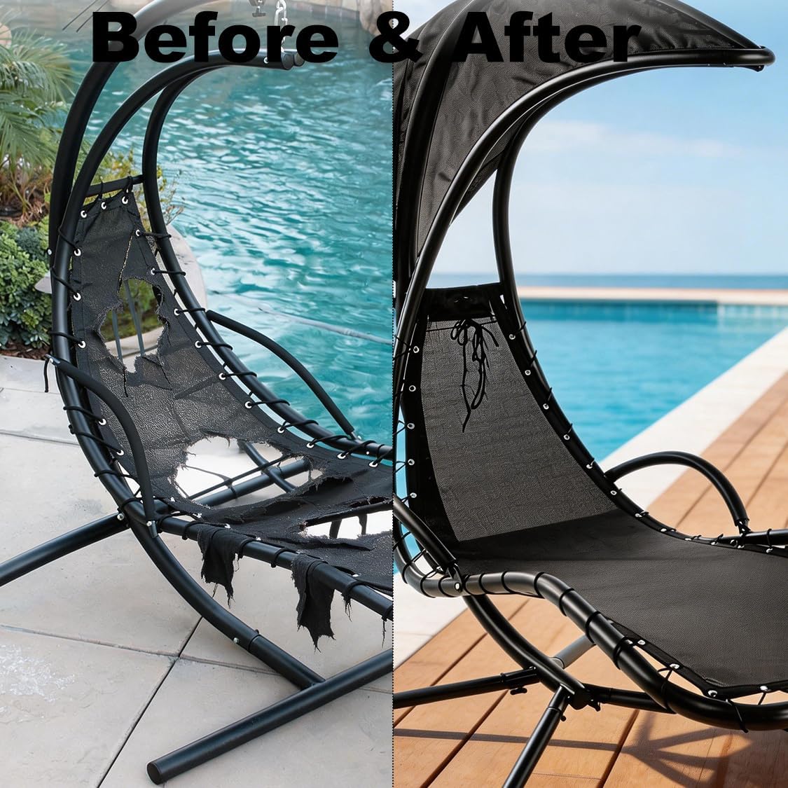 Hanging Lounge Chair Replacement Mesh with Rope Kits Heavy-Duty Waterproof Replacement Mesh for Curved Hanging Lounge Chaise Patio Chairs with Storage Bag, Black, 350 Lbs Capacity