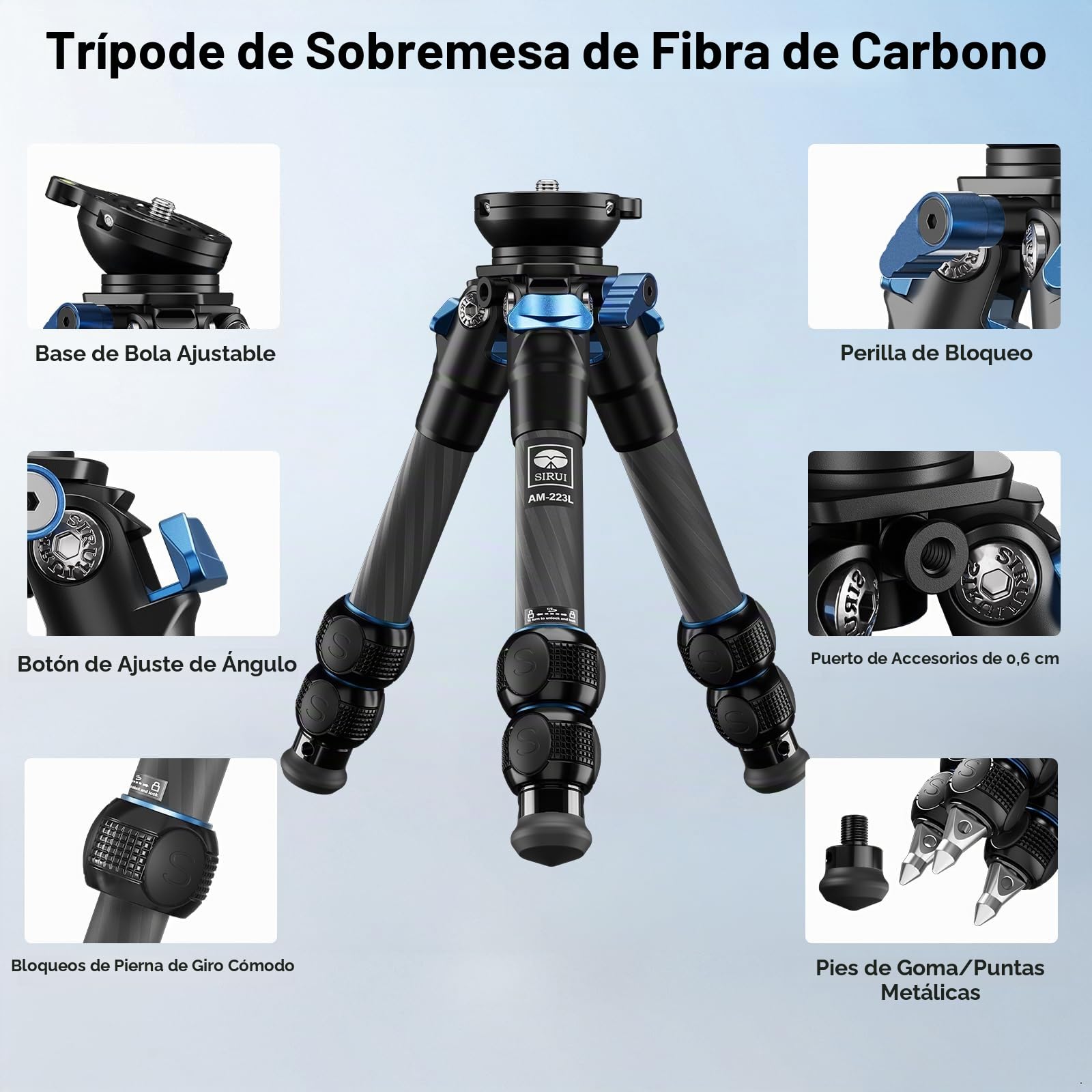 SIRUI Mini Trípode Compacto de Fibra de Carbono, Tornillos de 1/4 Portátil, Carga MAX 33 Libra Altura Máxima 36cm para DSLR, Teléfono, Videocámara - AM223L