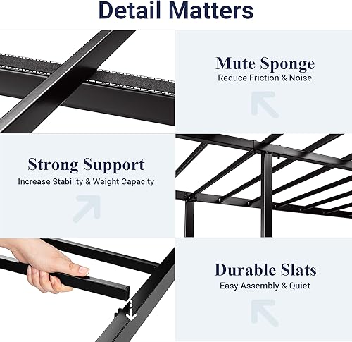 Miniatura 5 de Allewie Base de cama matrimonial con cabecera tapizada de piel sintética, diseño elegante con costuras de diamante, no necesita somier, color negro