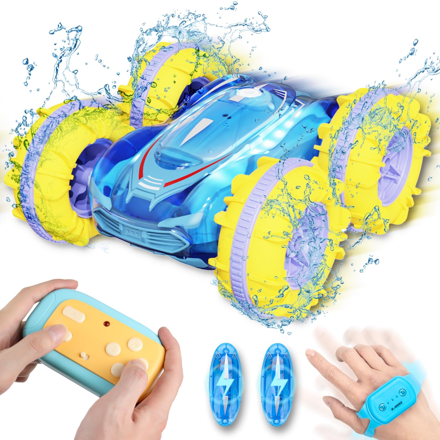 360 Rotating LED Light Amphibious Waterproof Beach 4WD RC Toy Car with Gesture Remote Control for Kids Ages 3-12-Blue