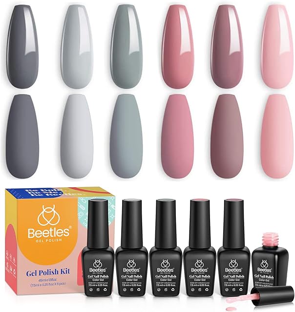Beetles Gel Nail Polishes- Bridesmaid Beauty Classic Nude Gray Pink 6 Colors Gel Polish Kit Popular Nail Art Design Soak Off LED Lamp Nail Polish Gel DIY Manicure Kit Valentines Nail Art
