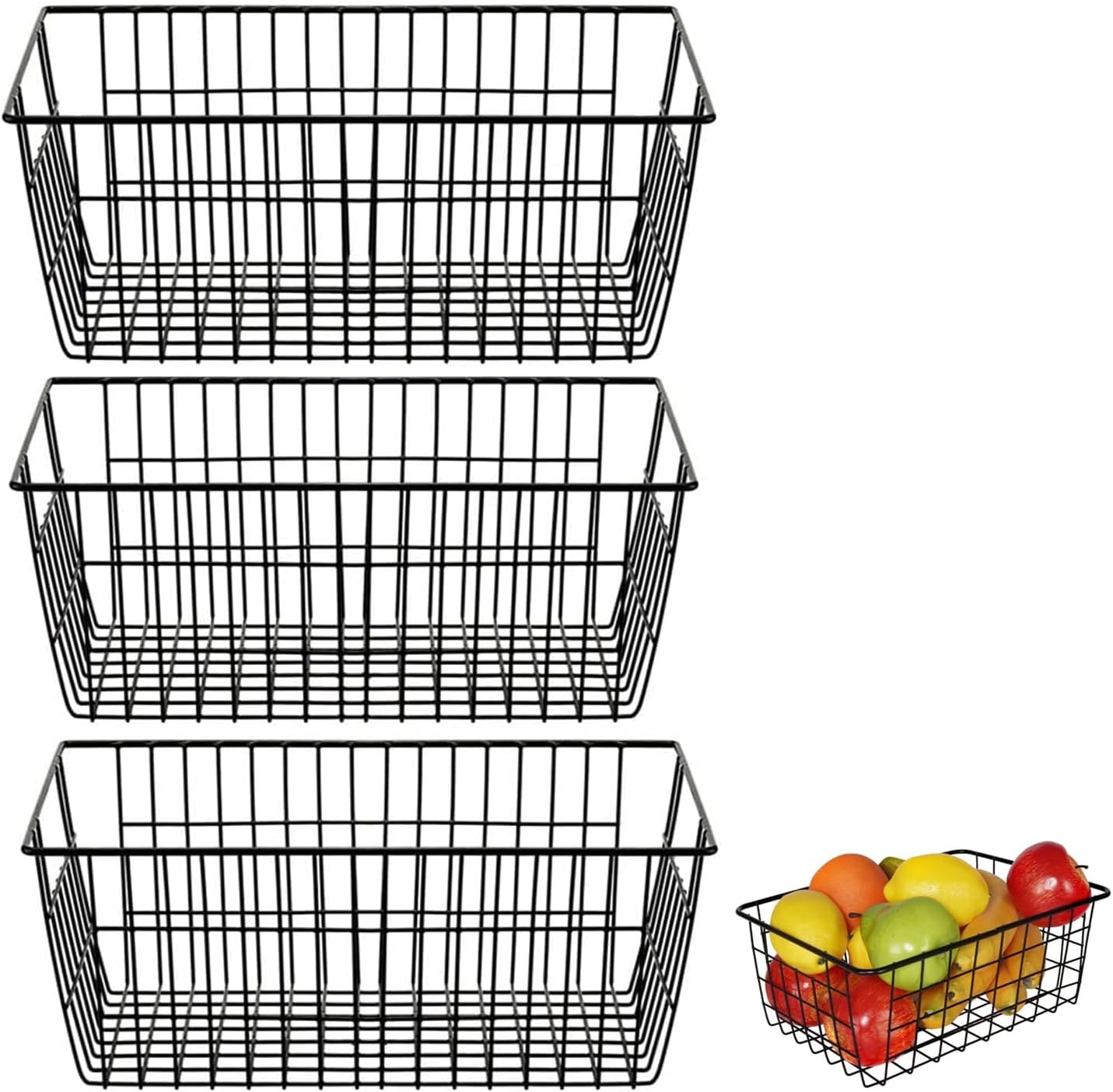 3 Pieces Small Wire Basket Storage Bins with Handles for Organization, Pantry Baskets Freezer Baskets for Freezer, Kitchen, Pantry, Bathroom, 21 x 16 x 9 cm, Black