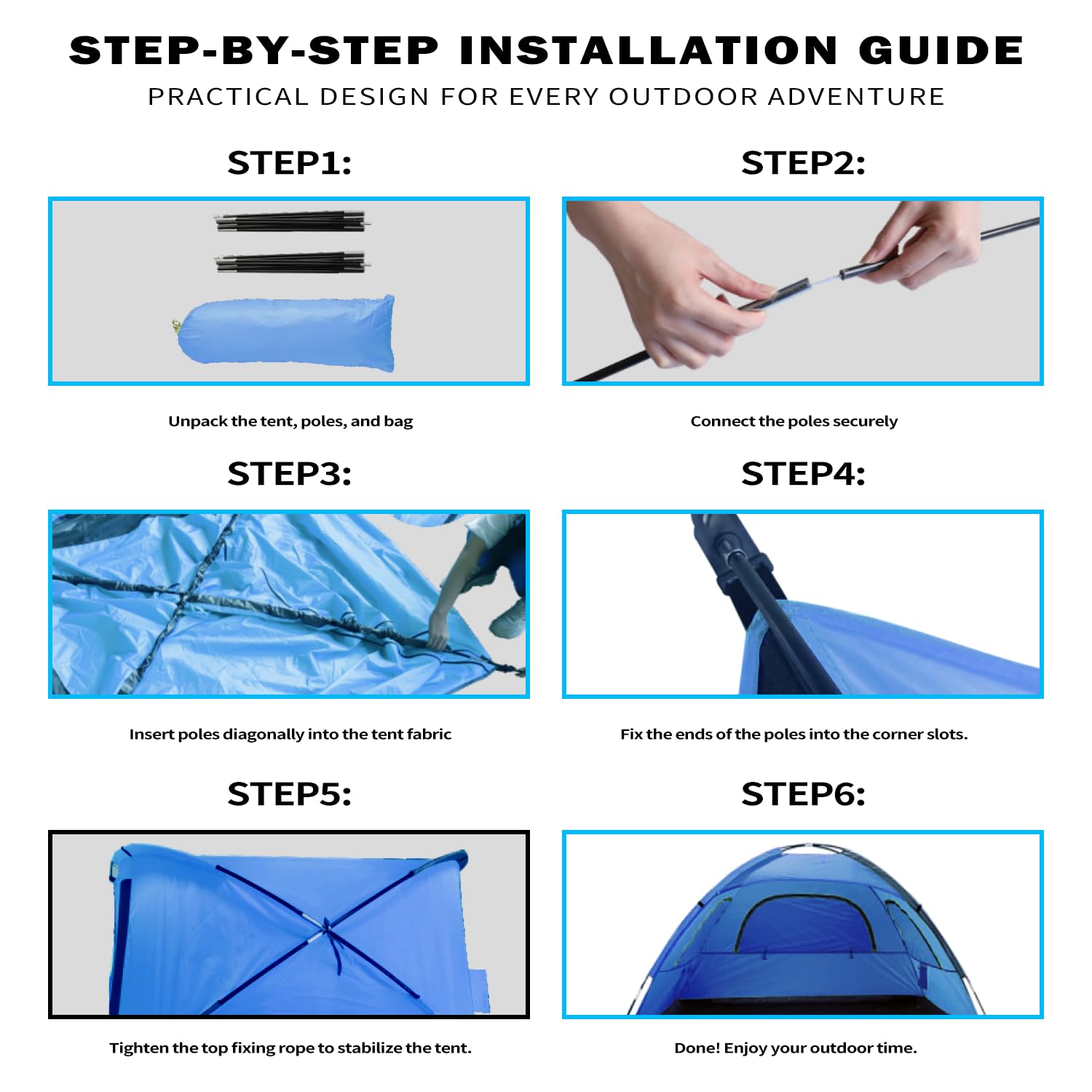 Outterra Beach Tent for 3-4 People, UPF50+ Sun Shelter with Breathable 3-Way Ventilation, 8.0mm Reinforced Fiberglass Poles, Portable Shade Canopy for Beach & Camping (Blue)