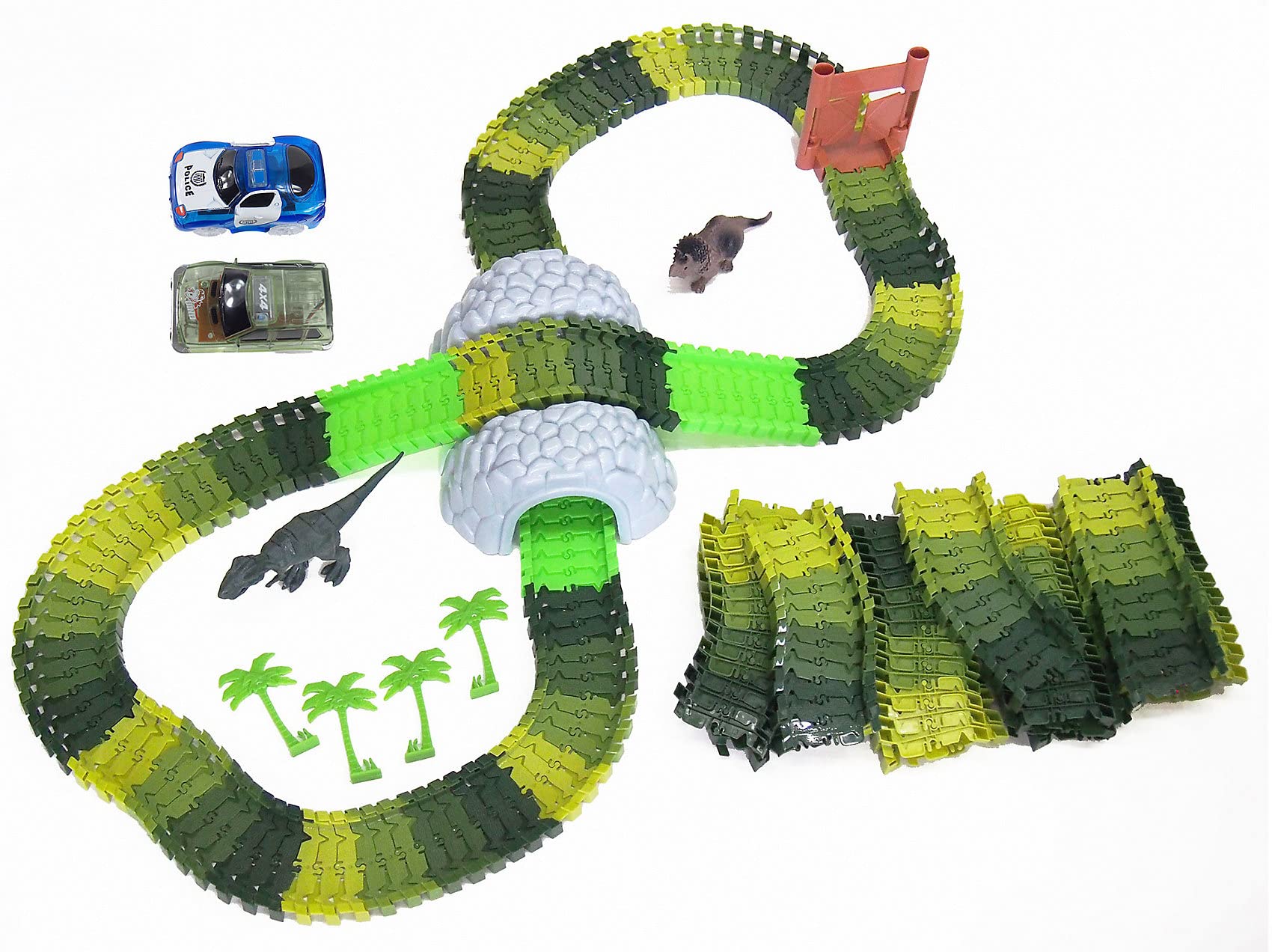 Amewi 100651 tor wyścigowy Magic Traxx, wyścigi samochodowe w parku Dino, 374 części mega zestaw z tunelem i pudełkiem do przechowywania