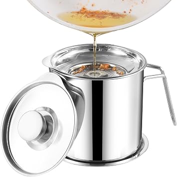 DIY HOME Bacon Grease Container, 1.8L / 61fl oz Cooking Oil Storage Strainer Oil Filter with Fine Mesh Strainer 304 Stainless Steel Grease Can for Kitchen Fat Storage