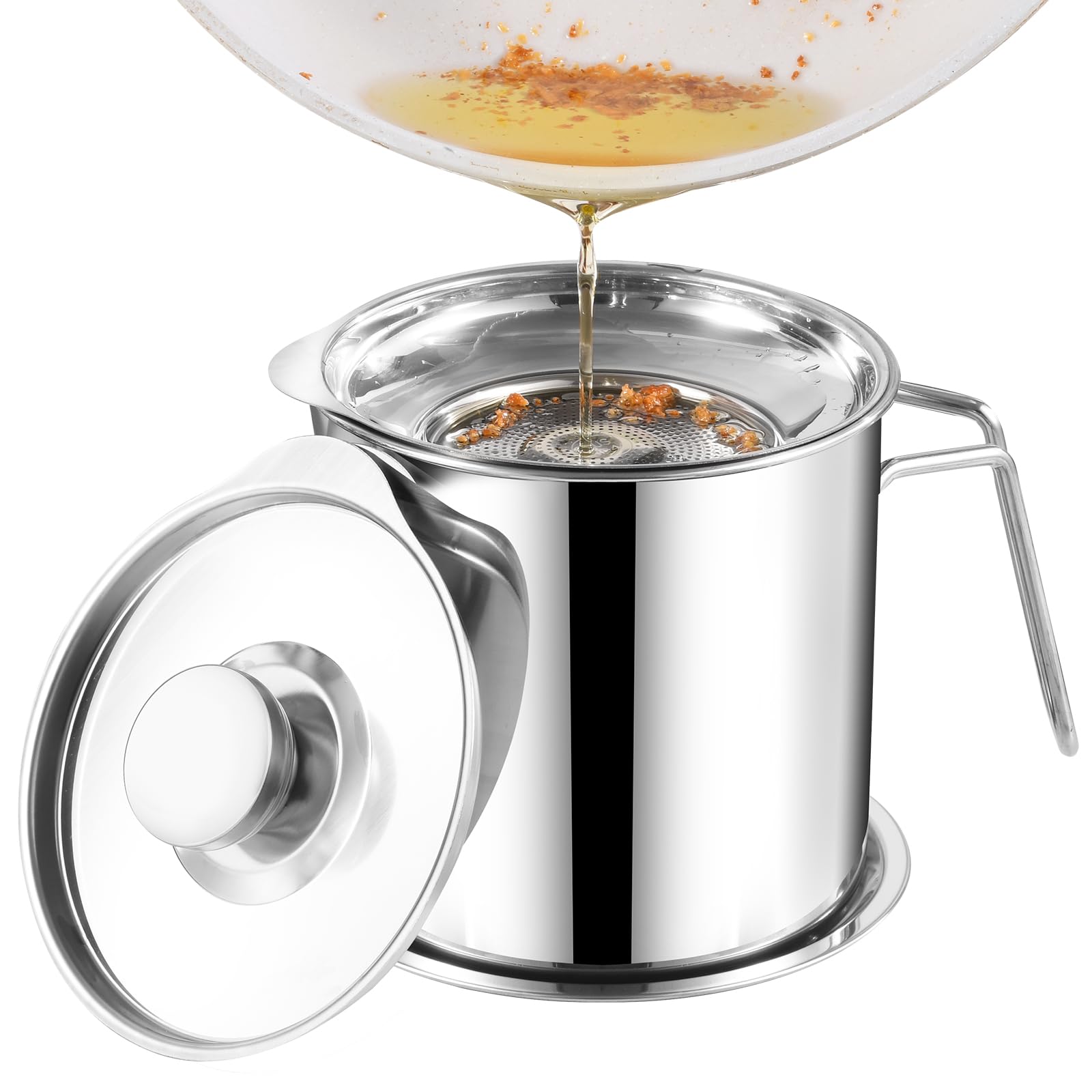 304 Stainless Steel Oil Pot Home Oil Storage Container with Filter, 1.8L/60.87fl oz Oil Catch Pot Kitchen Oil Pot Drainer Bottle