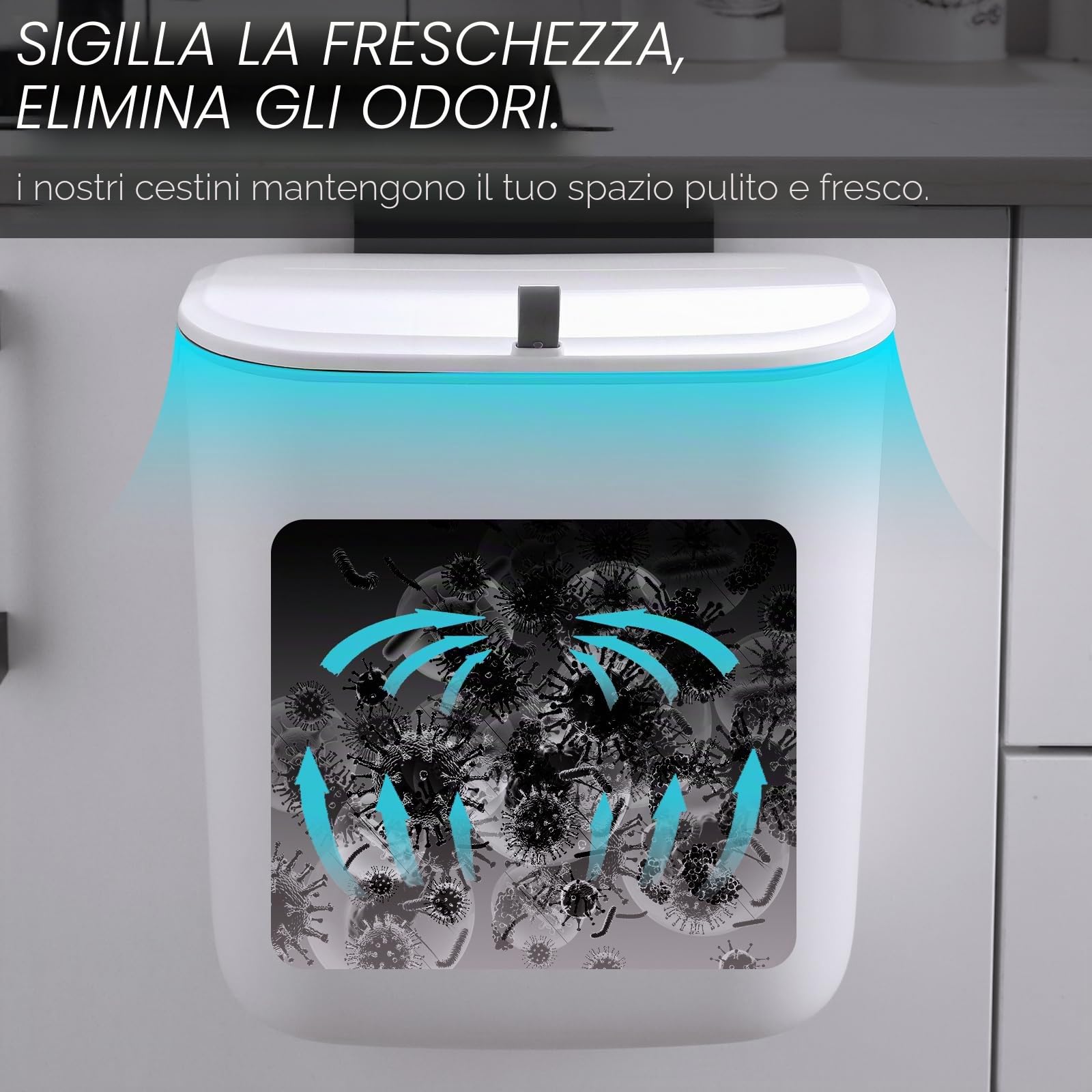 ELPHECO Pattumiera da cucina da 9,5 litri, da appendere, con coperchio, porta dell'armadio da cucina, sotto il lavandino, bidone della spazzatura in plastica, bidone della spazzatura con montaggio a
