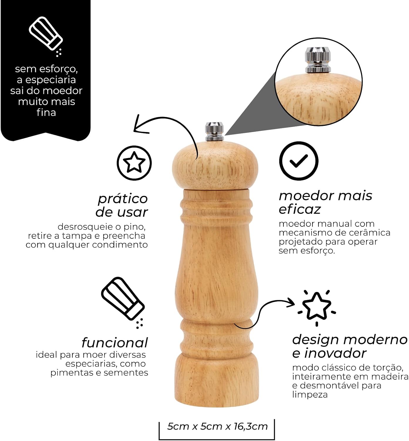 Mimo Style Moedor Manual Para Pimenta e Sal, Ideal Para Moer Grãos e Condimentos Secos, Produzido Inteiramente em Madeira, Moedor de Cerâmica Com Pino Regulador de Tamanho do Grão, Fácil Manuseio