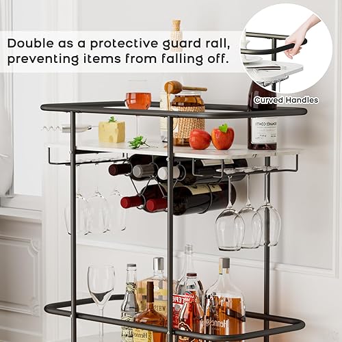 Miniatura 6 de Benoss Black Home - Carrito de bar con ruedas, carrito de vino móvil con soporte para vidrio y estante para vino, moderno carrito de bebidas para