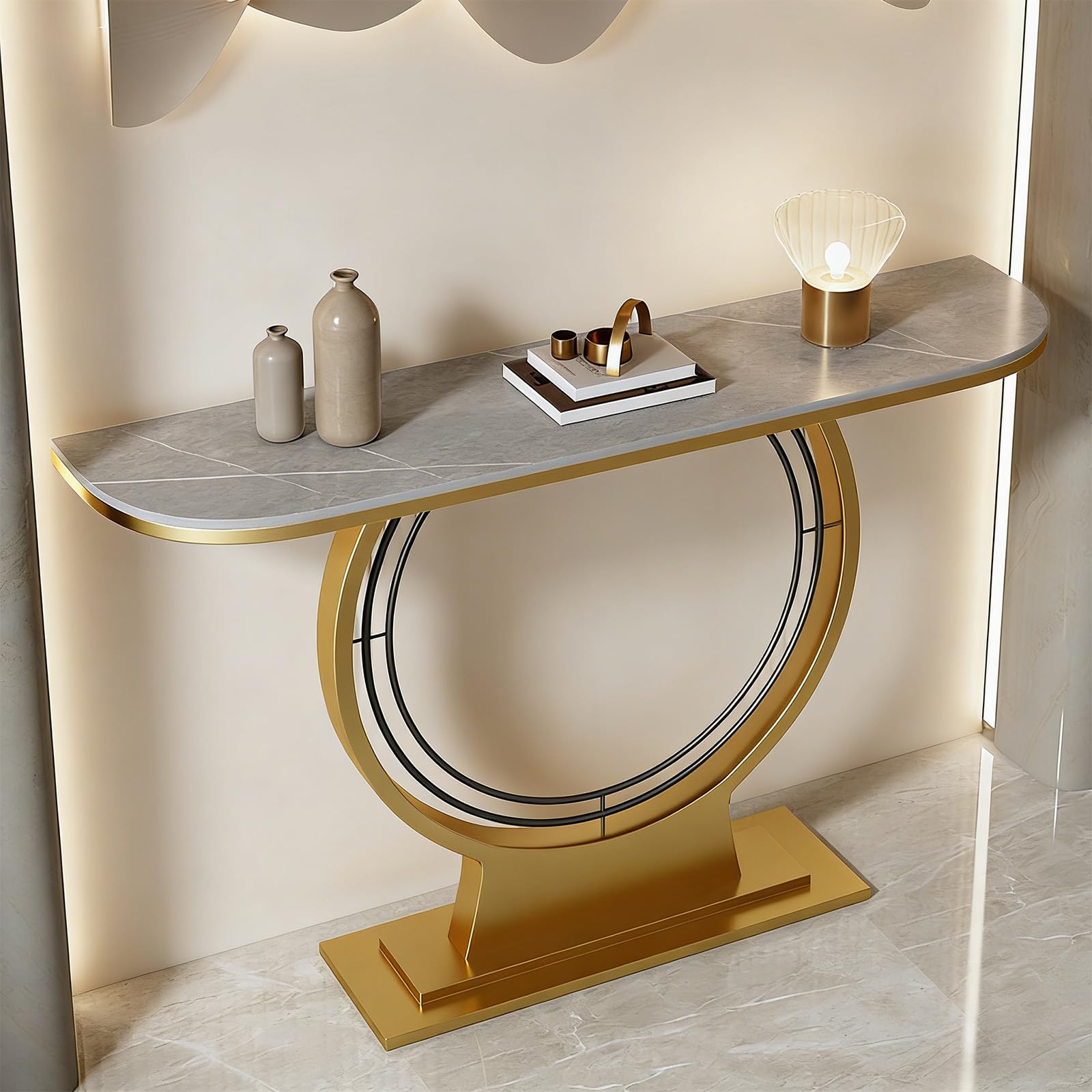 Mesa Consola de Lujo para recibidor, Mesa de Entrada Moderna, Mesa Consola Estrecha de mármol con Base de Metal para Pasillo, Sala de Estar, vestíbulo, 31.5" x 39.4" x 47.2" x 59.1" de Ancho