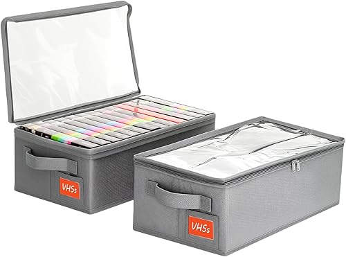 Caja de almacenamiento VHS – Pack de 2 organizadores de cintas de casete con tapa de PVC transparente – Caja de almacenamiento apilable que contiene