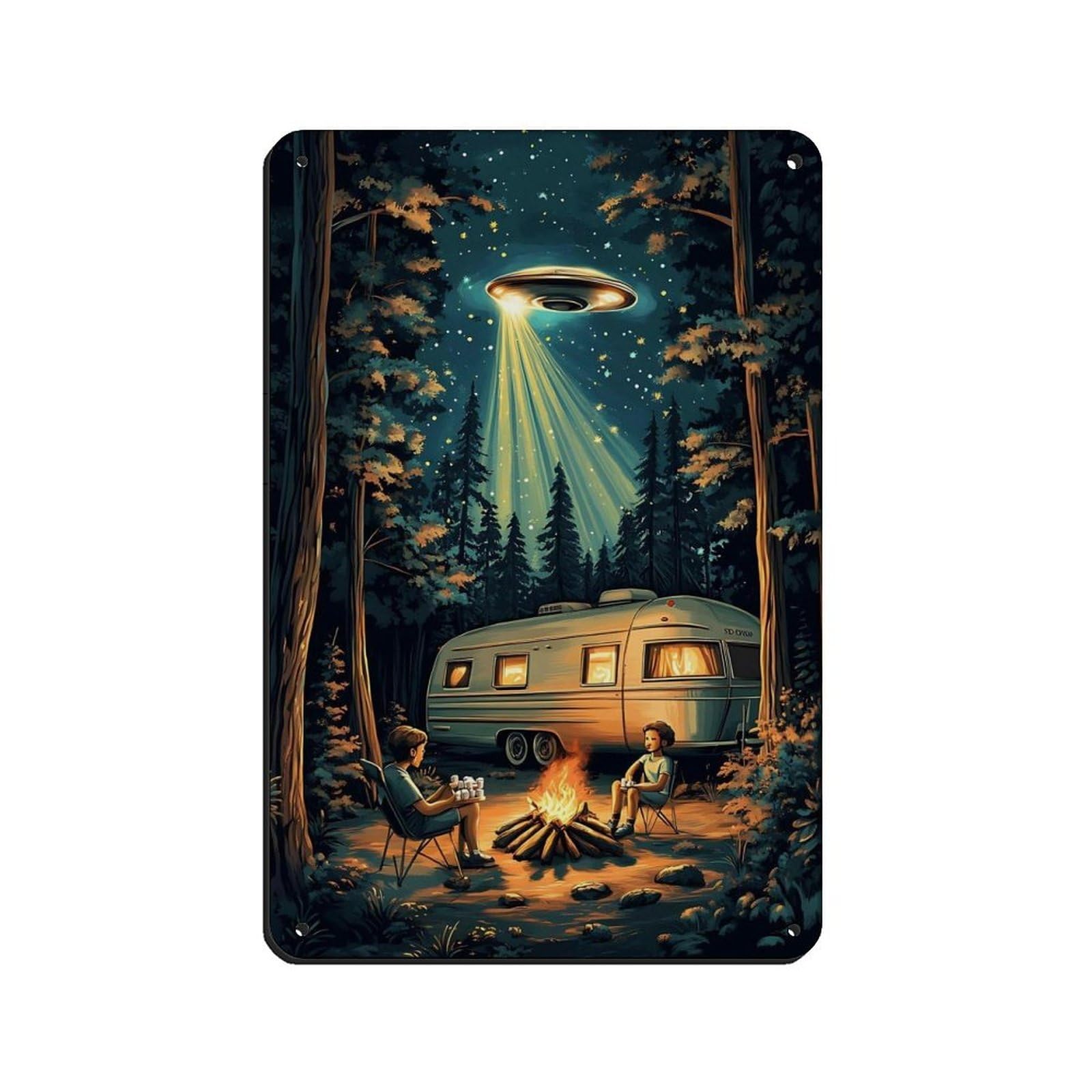 Retro UFO Camping Surreal Night Scene Tin Sign Vintage Metal Pub Club Cafe Bar Home Wall Art Decoration Poster Retro 8x12inch(20x30cm)