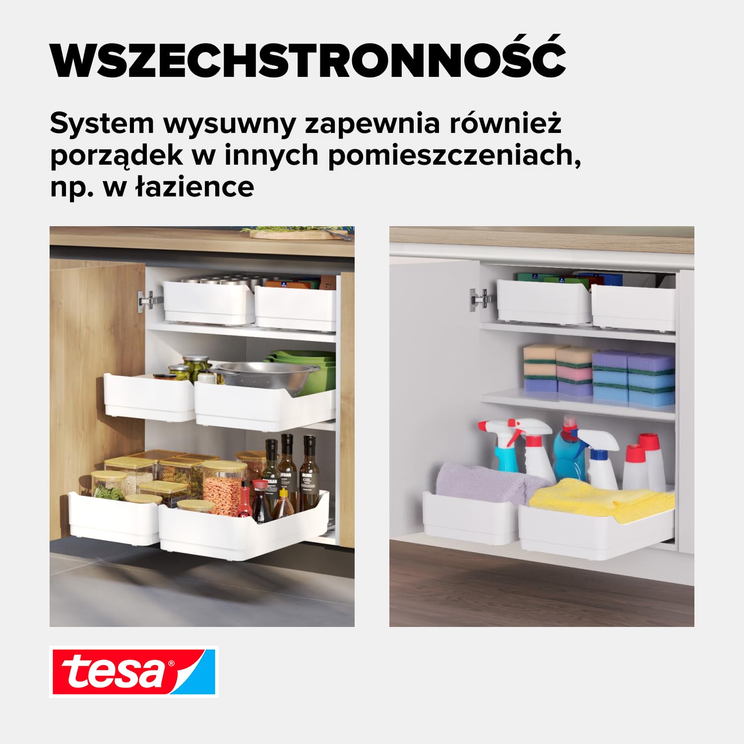 tesa Pull-Out wysuwana szuflada do kuchni - samoprzylepna wysuwana szuflada do szafek kuchennych - bez wiercenia - teleskopowa szuflada na przybory kuchenne