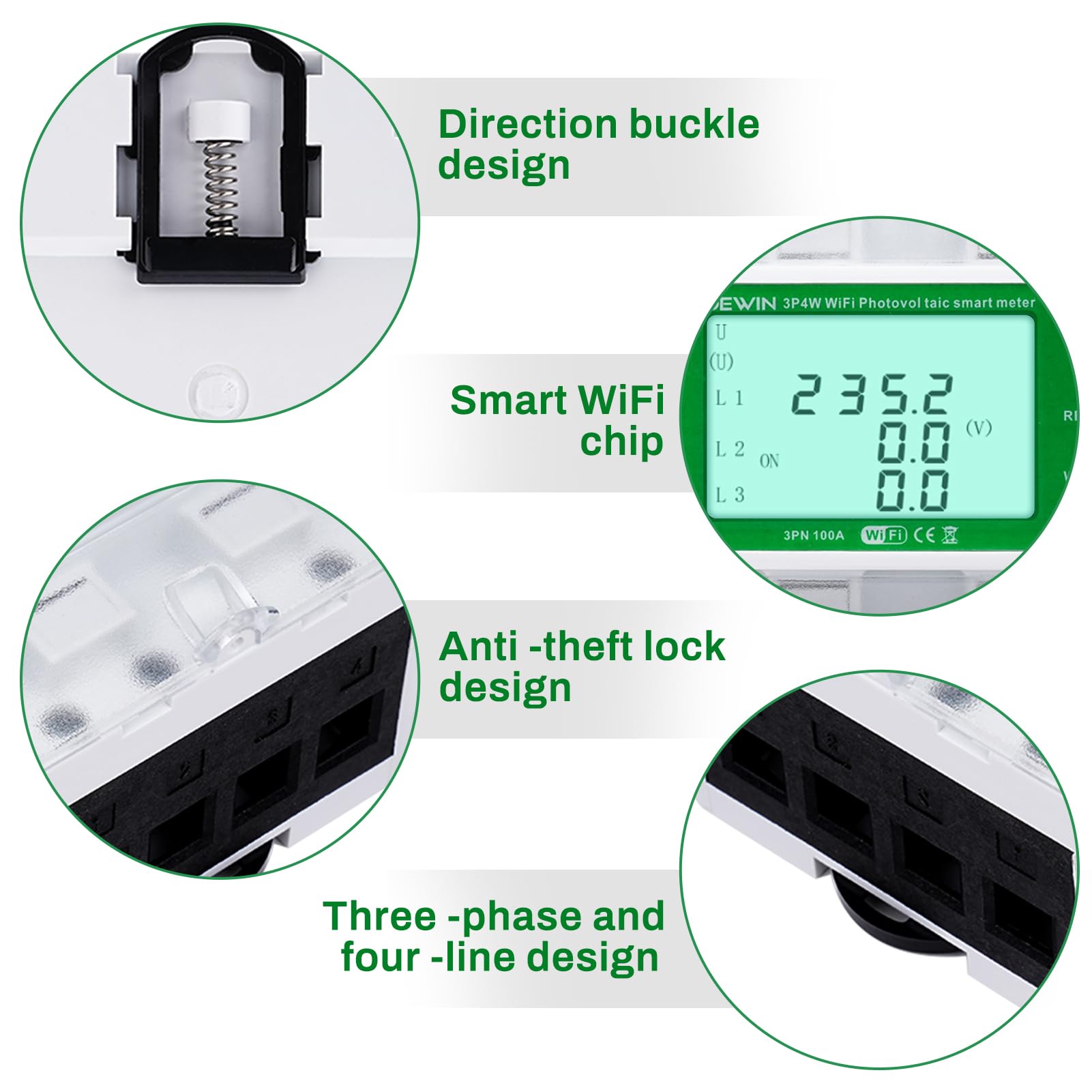 DEWIN WiFi Medidor de Consumo Electrico Trifásico 100A 380VAC Medidor de Energía Eléctrica Contadores de Energía Trifásicos sobre Raíles con Control de Tiempo (con manuales en español)