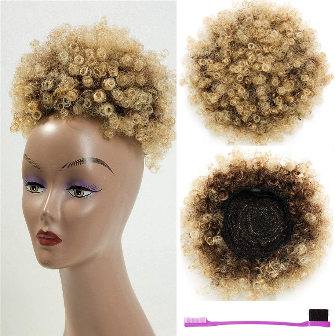 AICILY Synthetic Afro Puff Drawstring Ponytail Short Kinky Curly Hair Bun Extension Donut Chignon Hairpieces Wig Updo Hair Extensions with Two Clips (4/613)